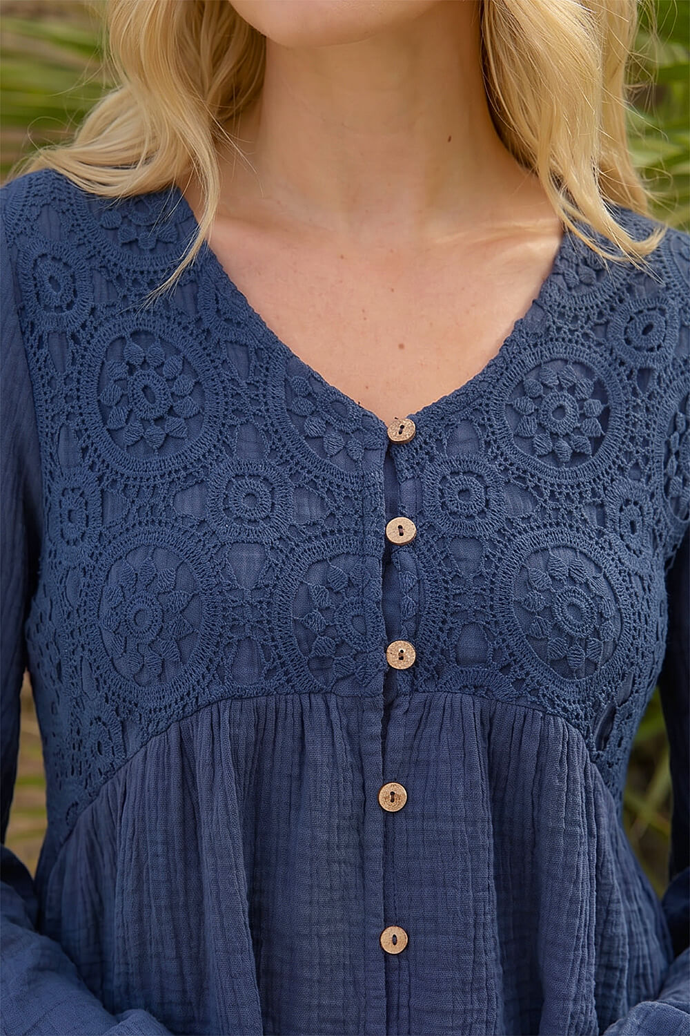 Navy Crochet Button Up Blouse, Image 5 of 4