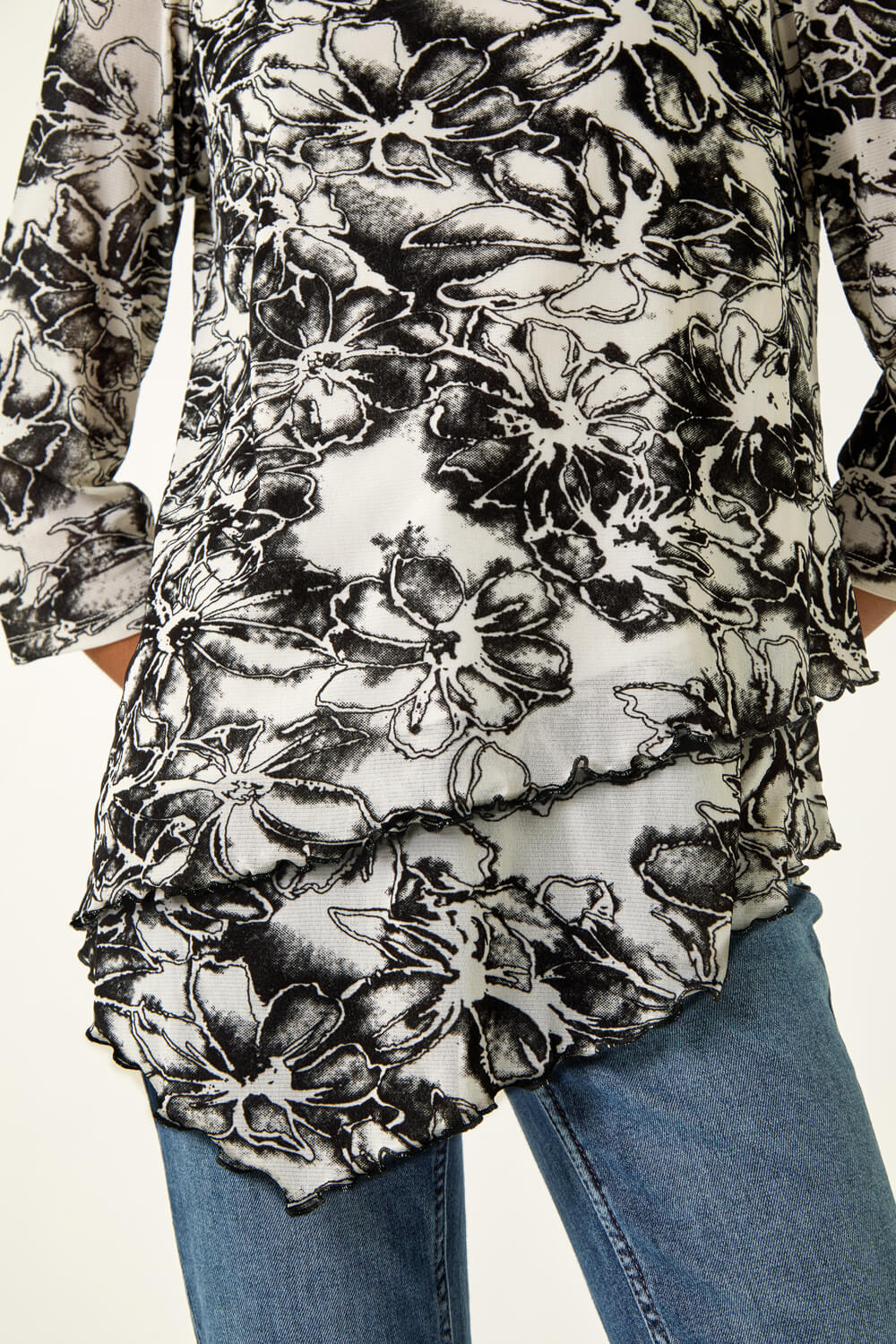 Black Flock Floral Asymmetric Hem Top, Image 6 of 5