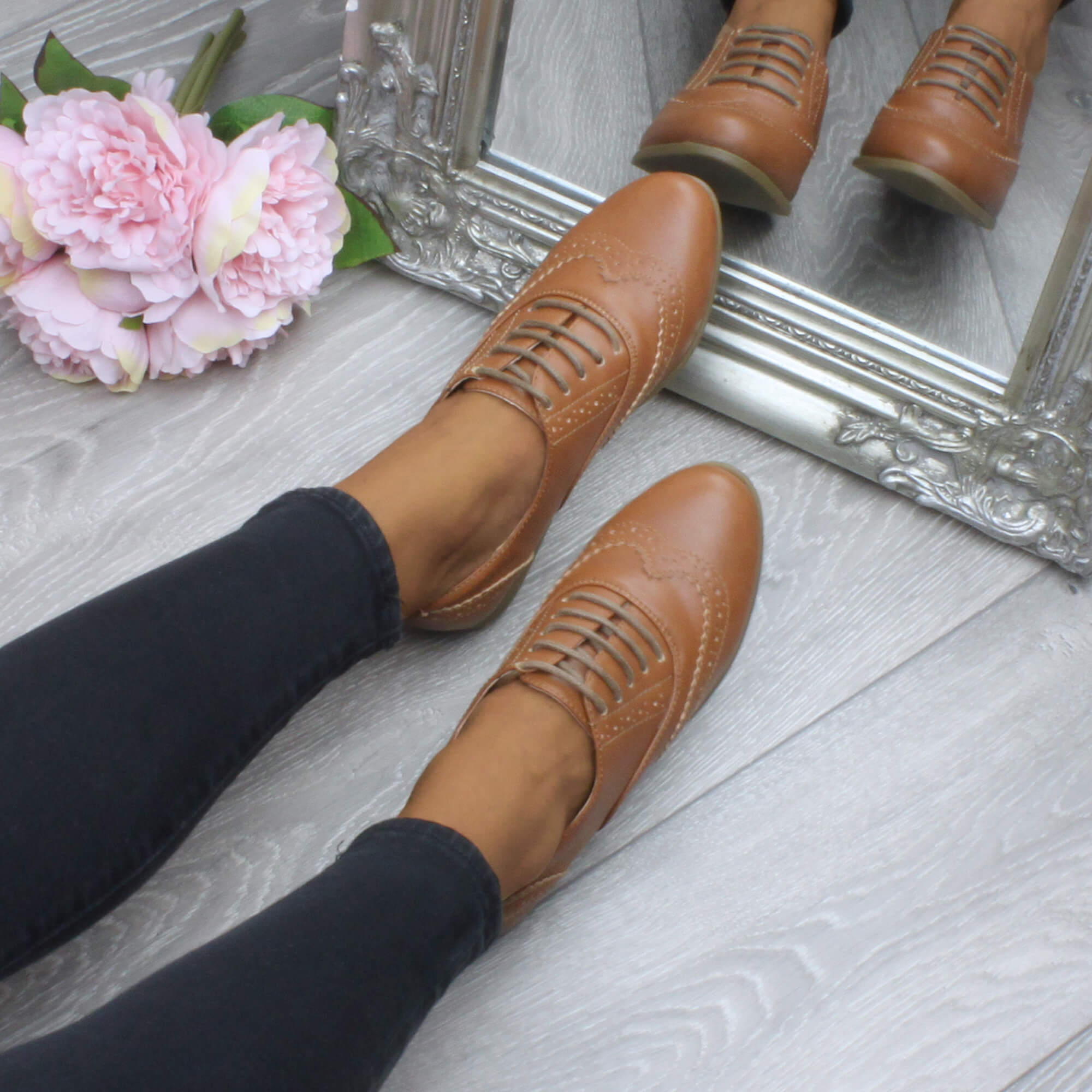 Tan AJVANI Tan Flat Lace Up Oxfords Brogues, Image 5 of 6