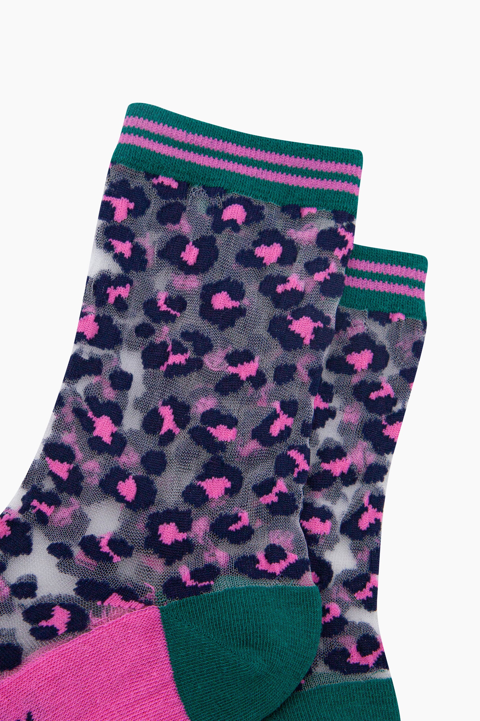 Multi Leopard Print Combed Cotton Sheer Pop Socks in Green/Pink, Image 2 of 4