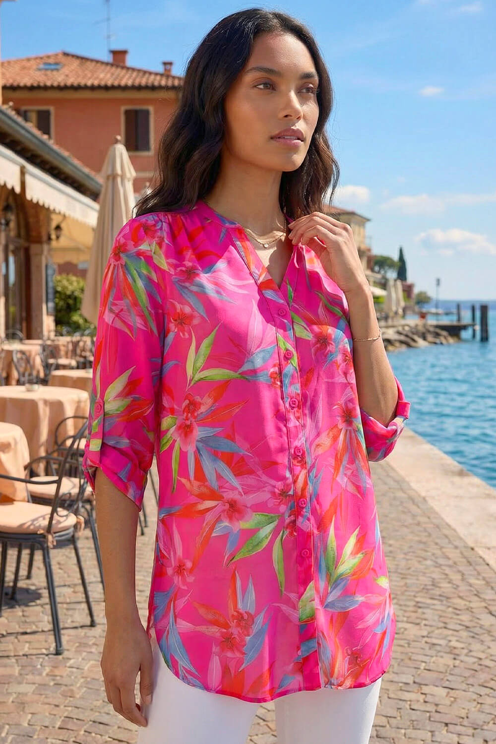 Roman Women's Cerise Floral Print Longline Blouse Size 12