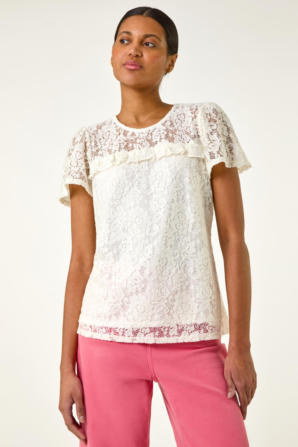 Roman Women's Ivory Lace Frill Top Size 10