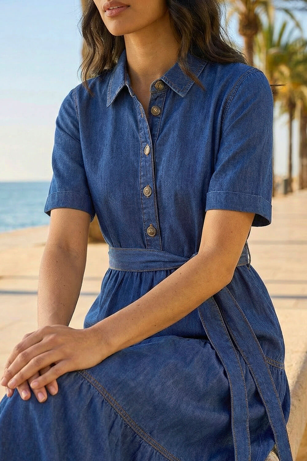 Denim Button Detail Tiered Midi Dress, Image 5 of 4