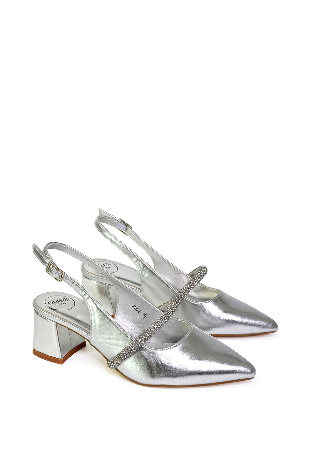 Silver XY LONDON Silver 'Sandie' Sling Back Strappy Pointed Toe Diamante Mid Block Heels, Image 4 of 4