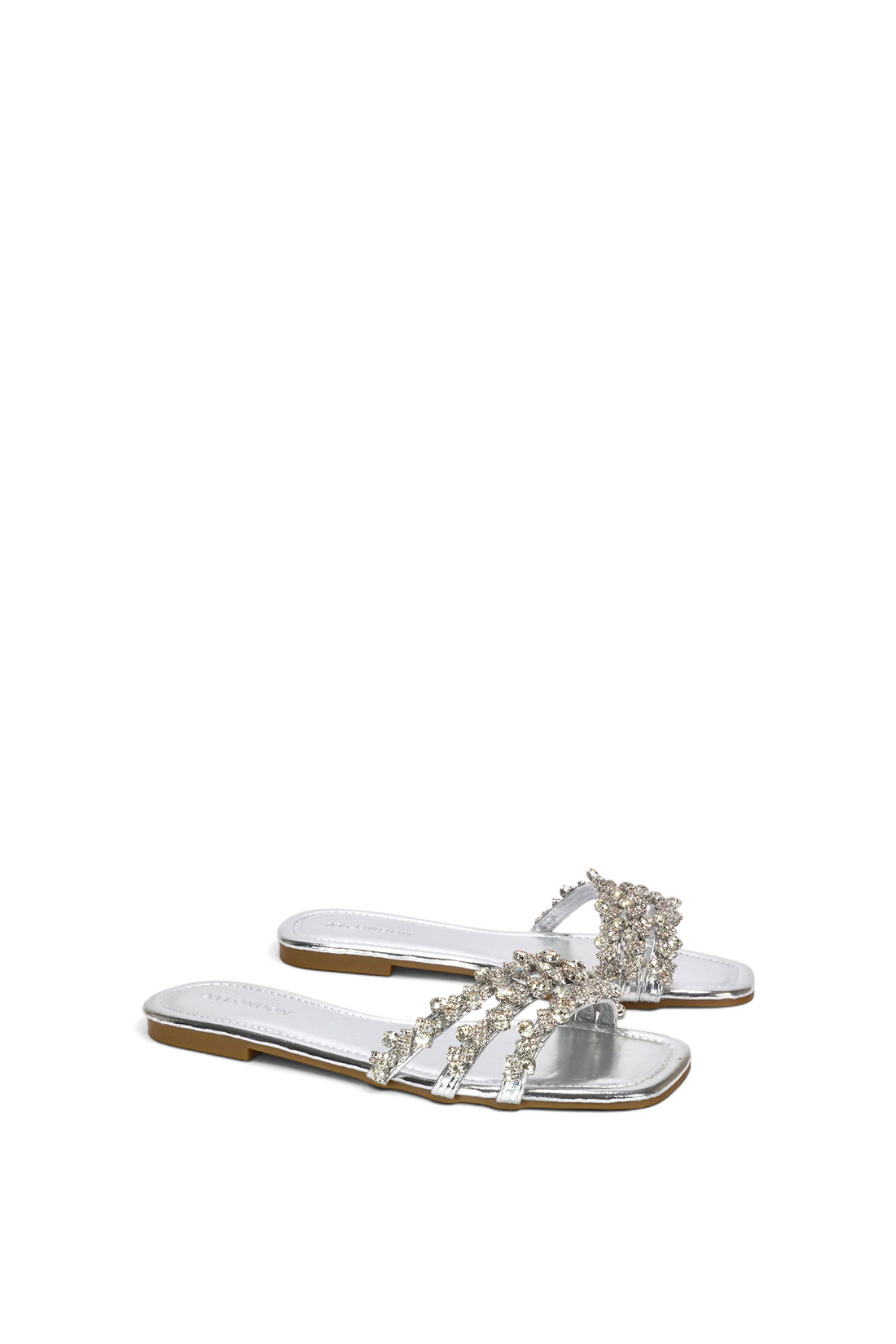 Silver XY LONDON Silver Flat Diamante Strappy Slider Sandals With Square Toe, Image 3 of 6