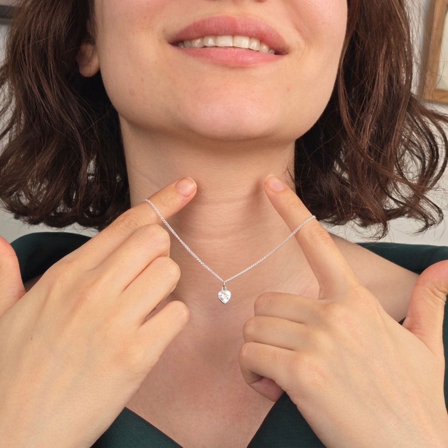 Silver Mini Heart Silver Diamond April Birthstone Necklace, Image 3 of 4
