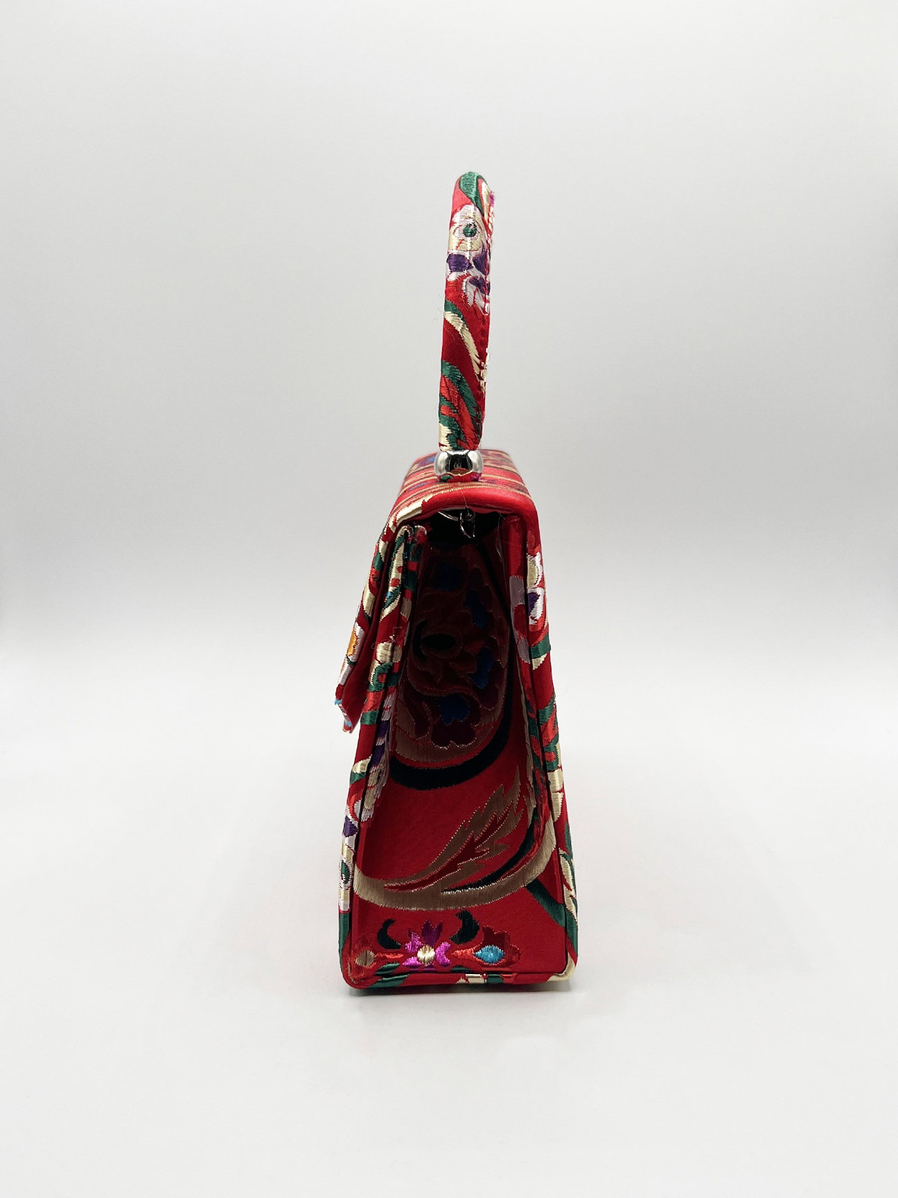 Red Floral Satin Embroidered Top Handle Bag in Red, Image 4 of 4