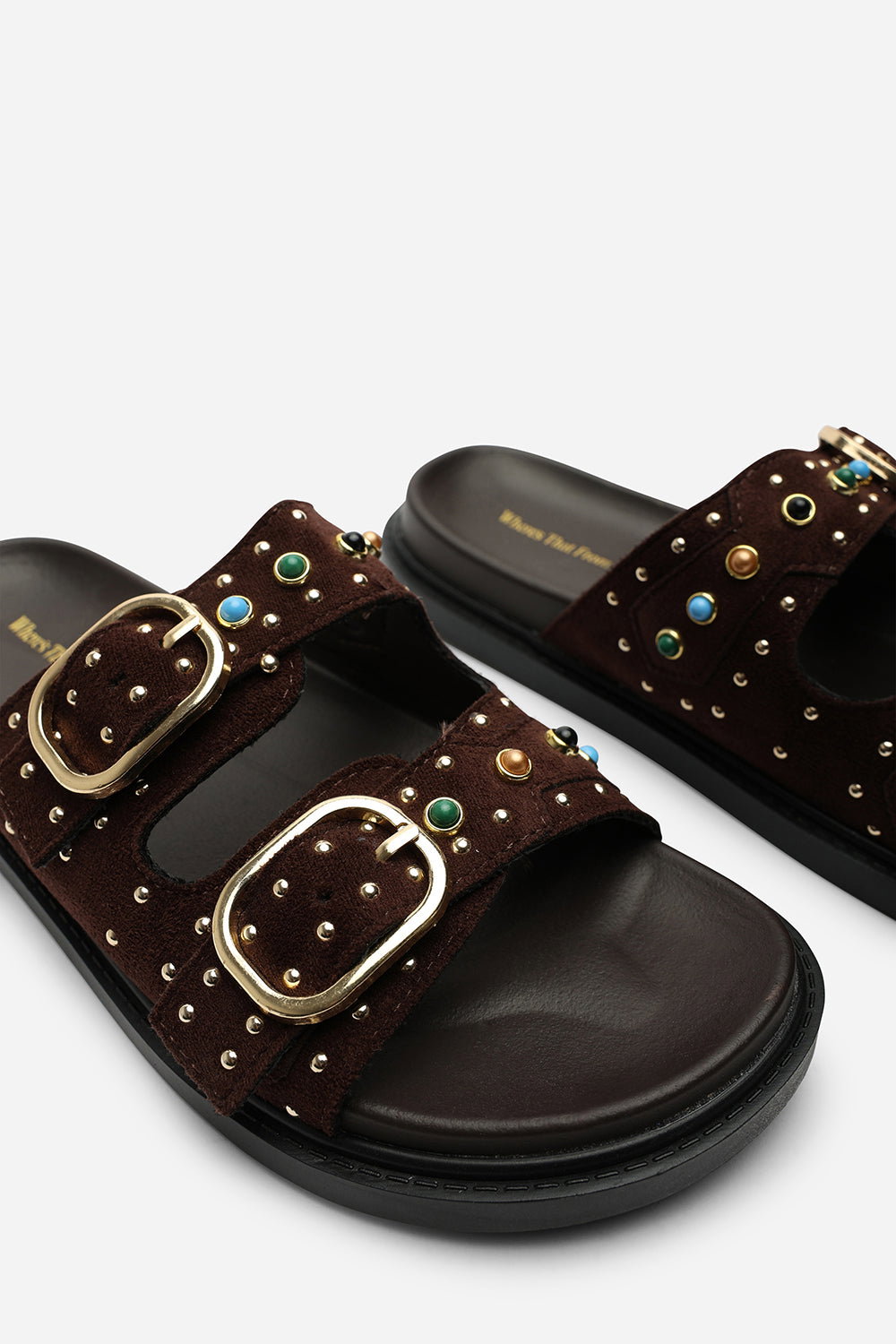 Dark Brown Ceylon Diamante Stud Double Buckle Slide On Sandal, Image 5 of 6