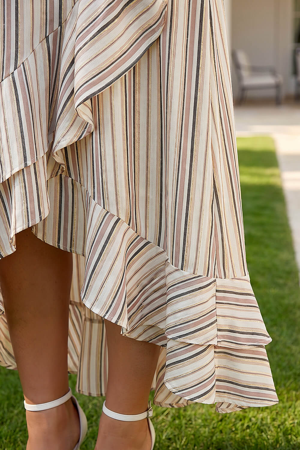 White Stripe Print Frill Detail Maxi Dress, Image 5 of 4