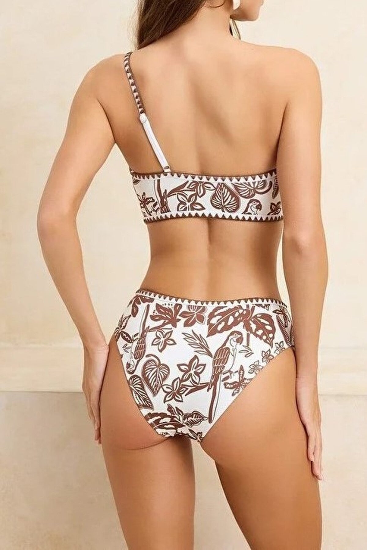 Multi One Shoulder Tropical Print High Waisted Bikini Set, Image 5 of 5