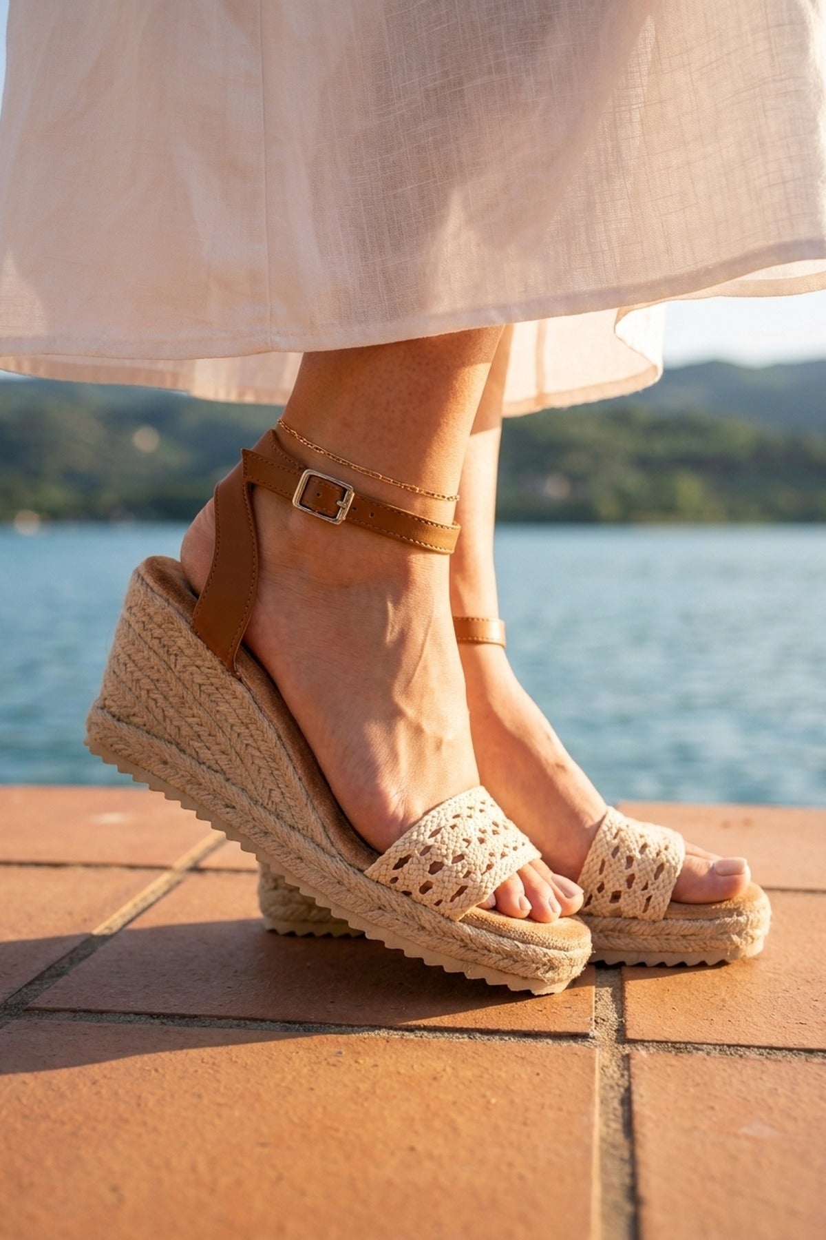 Beige Pearl Crochet Strap Espadrille Wedge Sandals, Image 4 of 5