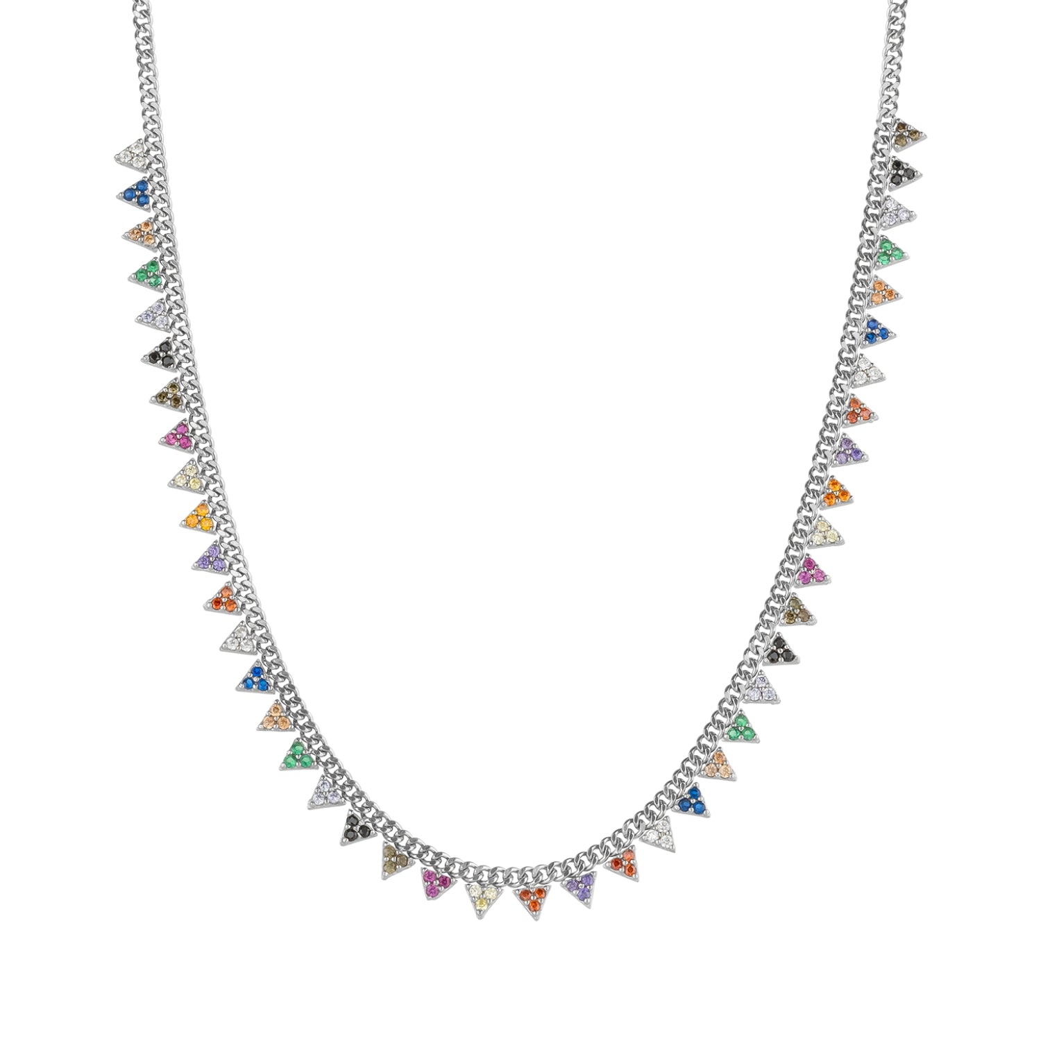 Silver Colourful Rainbow Jewelled Triangle Sterling Silver Station Necklace, Image 1 of 1