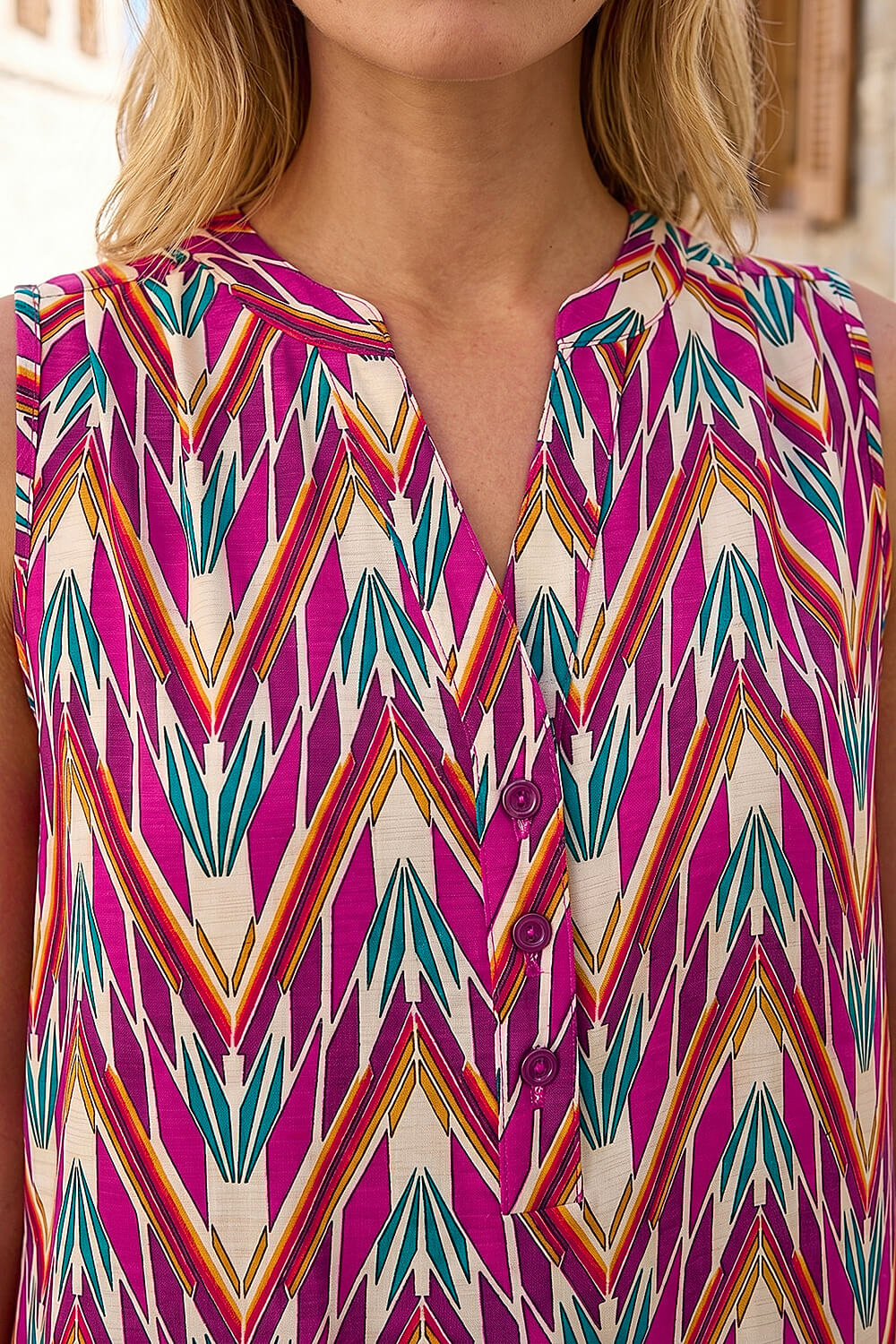 Cerise Sleeveless V-Neck Floral Button Detail Top, Image 5 of 4