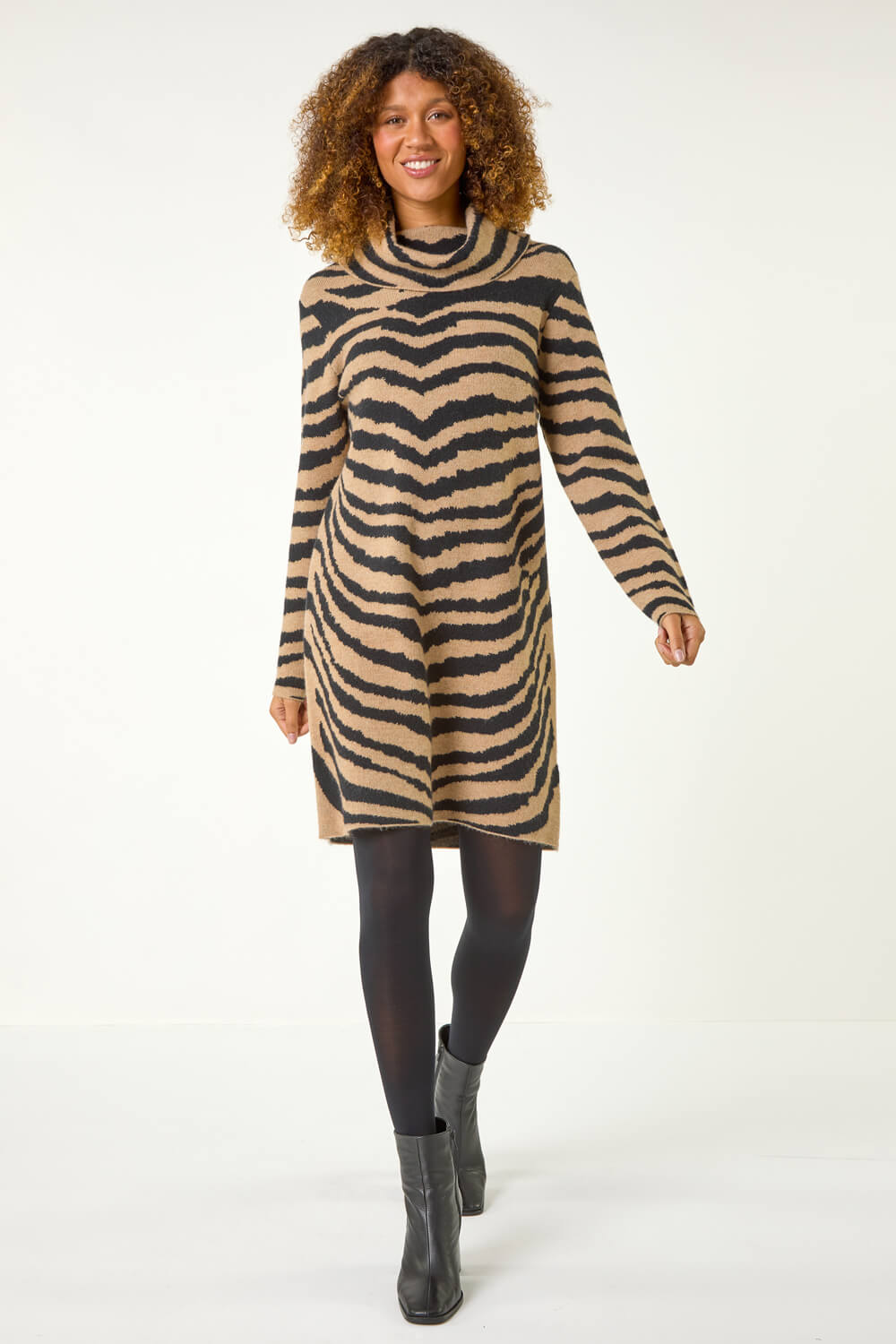 Tan Zebra Print Jacquard Knit Dress, Image 3 of 7