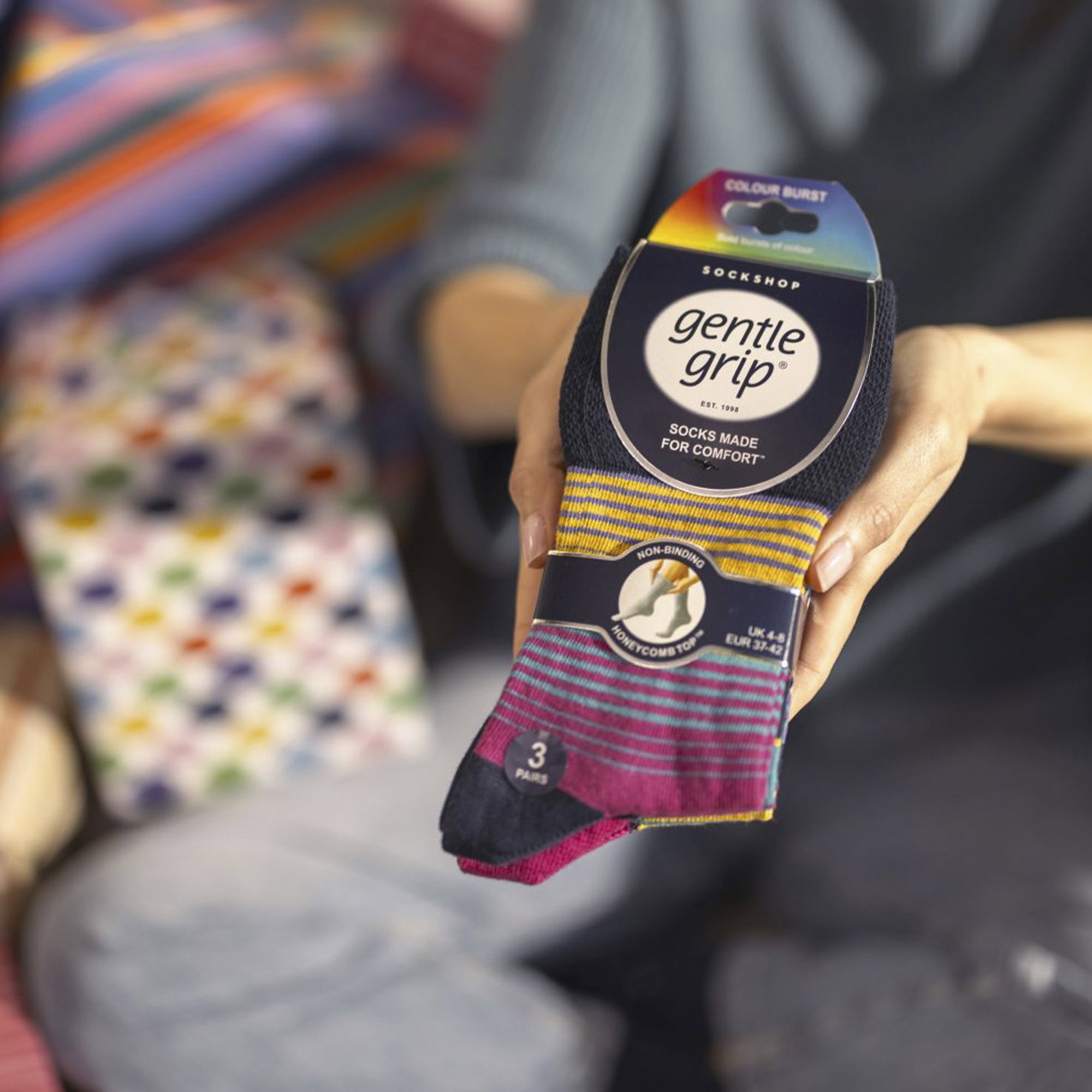 Navy 6 Pairs Patterned Non-Binding Cotton Socks, Image 4 of 5