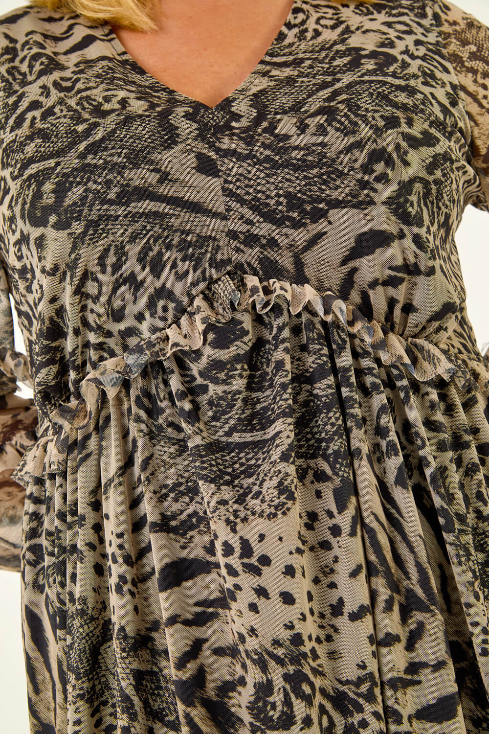 Beige Curve Animal Print Frill Midi Dress, Image 7 of 7