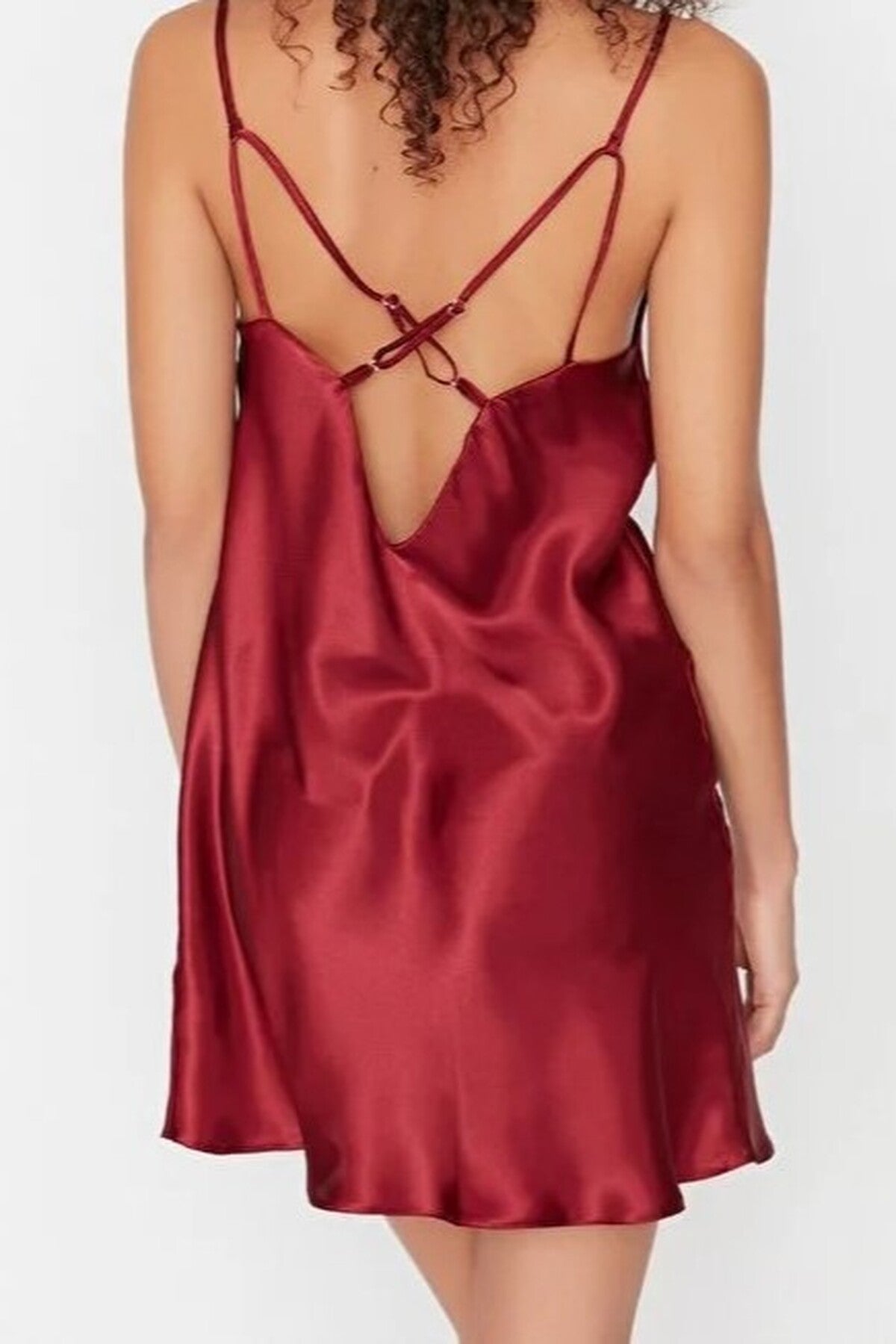 Burgundy WOVCOR Burgundy Cowl Neck Back Detail Satin Strappy Mini Nightdress, Image 3 of 3