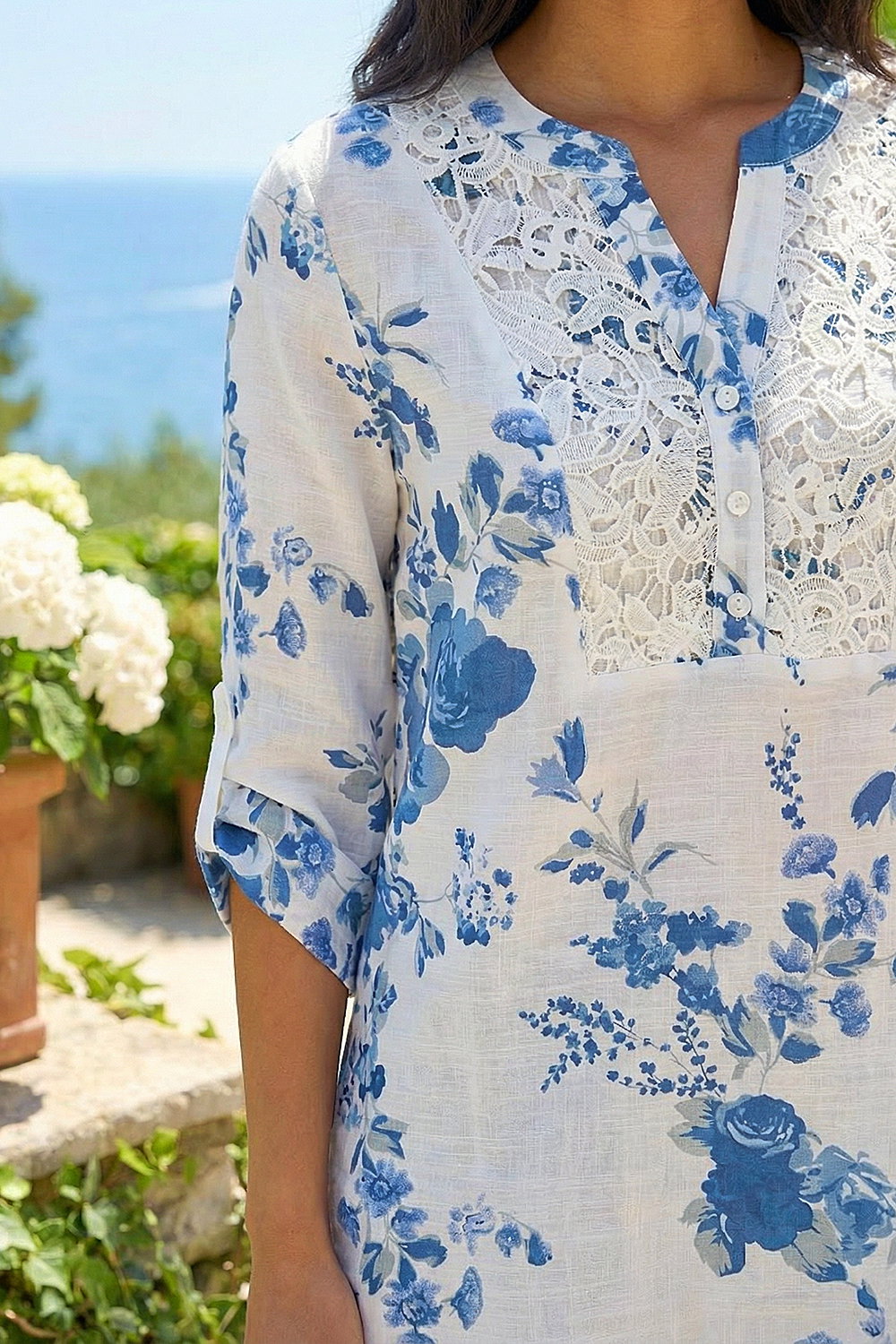 White Floral Print Lace Trim Shirt , Image 5 of 4