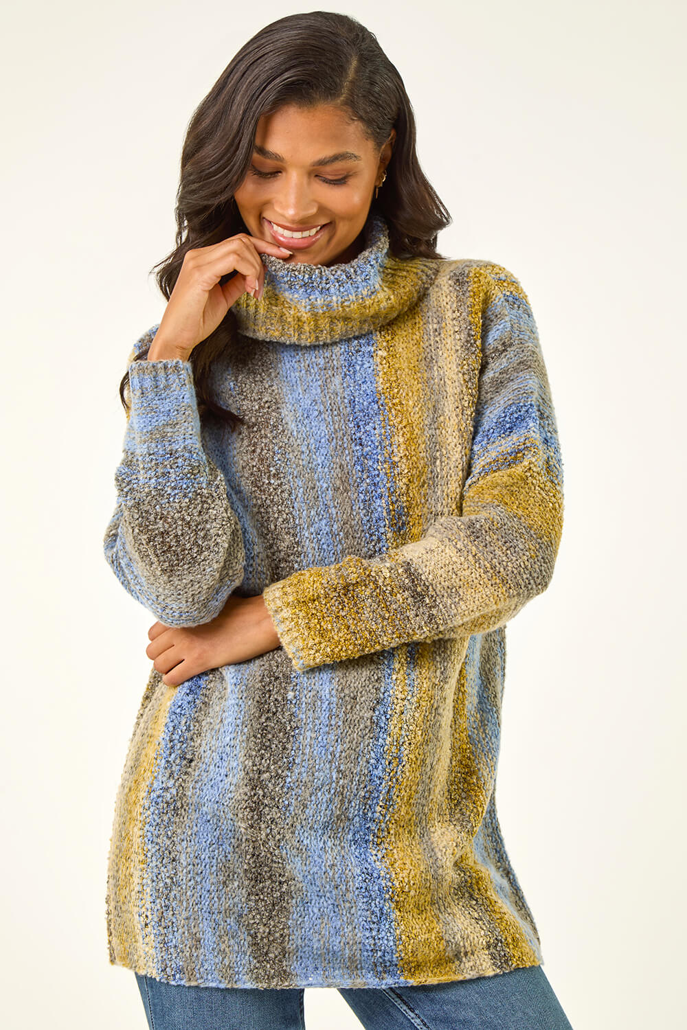 Blue Boucle Stripe Cowl Neck Jumper, Image 1 of 5