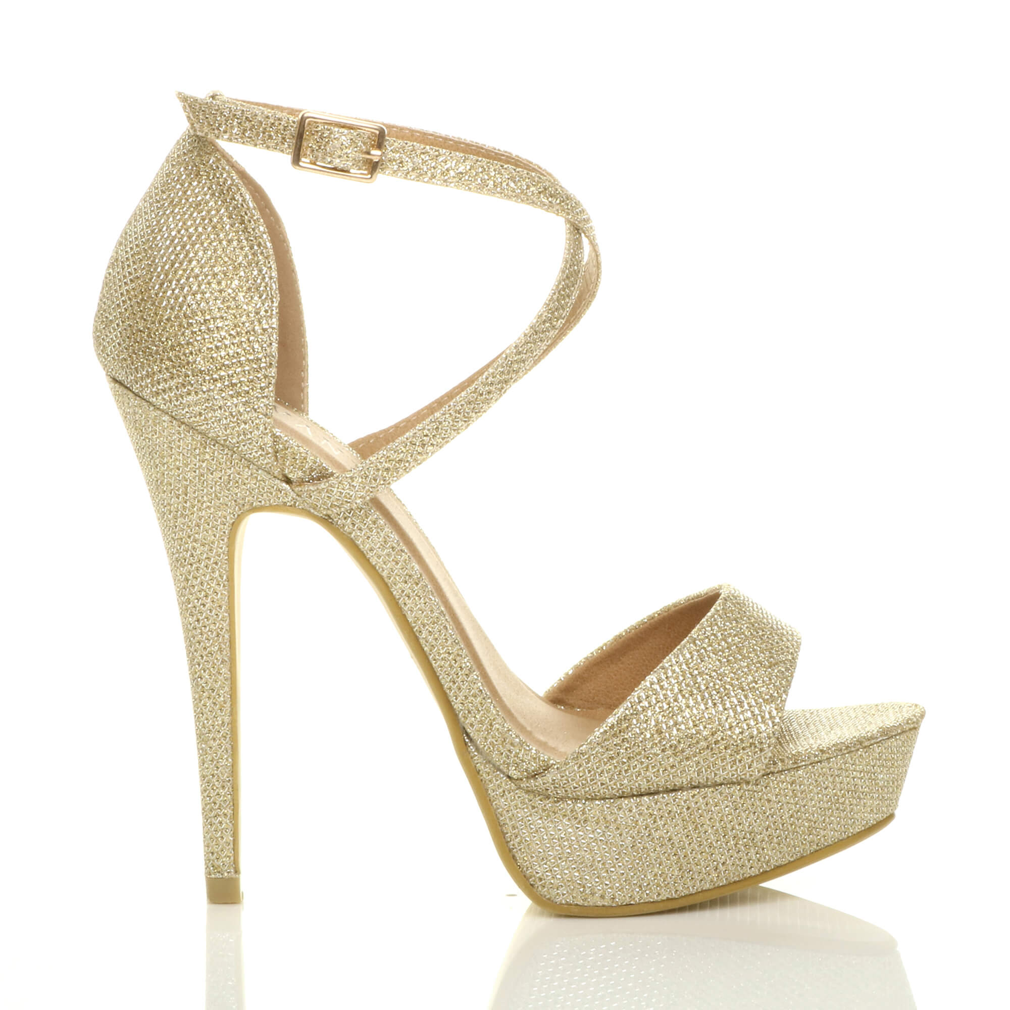 Gold High Heel Crossed Straps Platform Sandals, Image 2 of 6