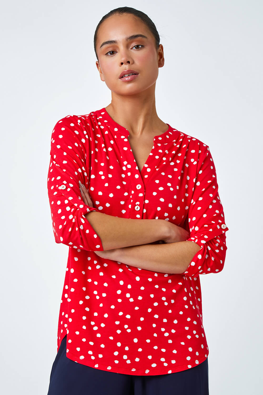 Red Petite Polka Dot Stretch Button Detail Shirt, Image 3 of 5