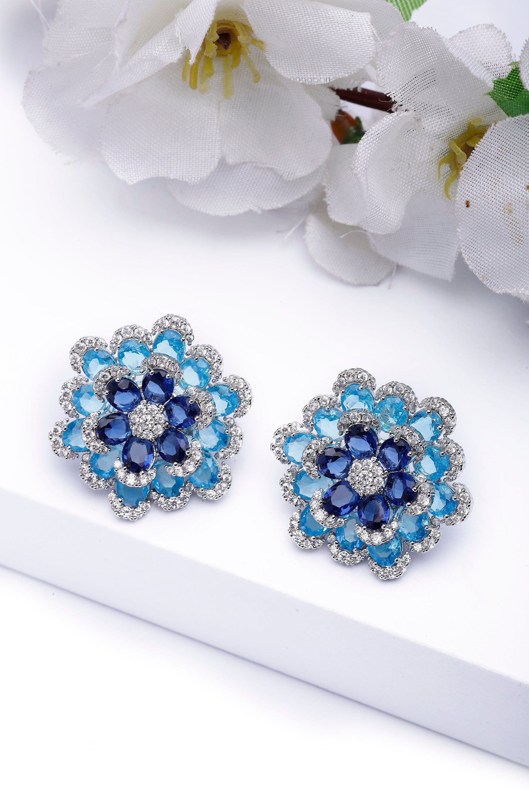 Blue Floral Layered Stud Earrings, Image 2 of 4