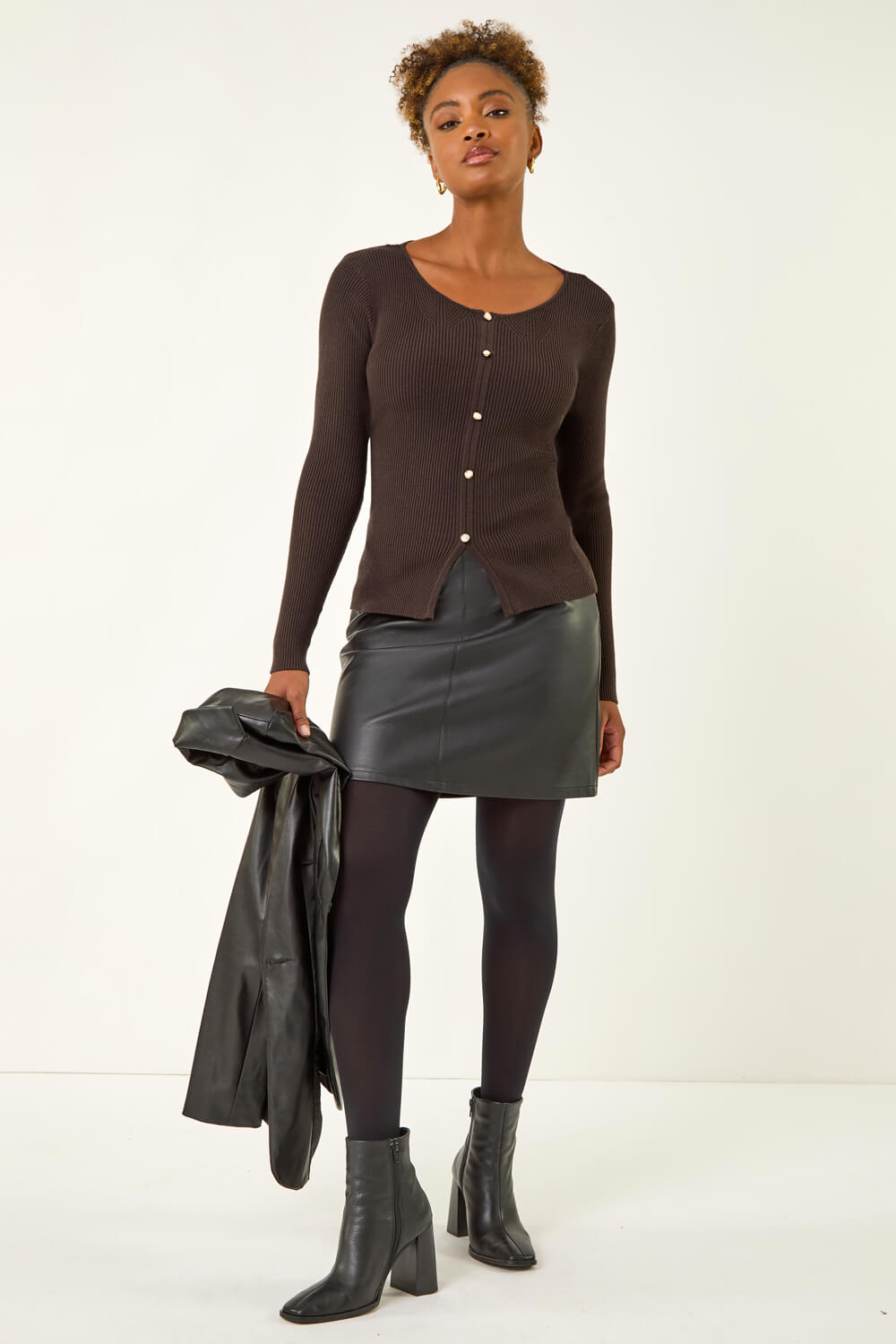 Chocolate Faux Pearl Ribbed Knit Jumper, Image 3 of 6