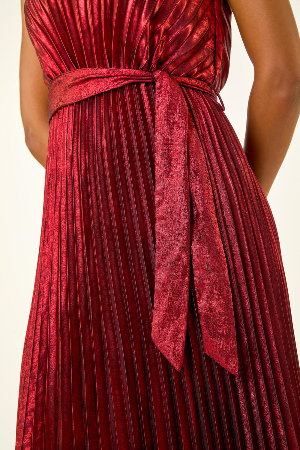 Red Metallic Pleat Belted Midi Dress | Roman UK Red Metallic Pleat Belted Midi Dress | Roman UK