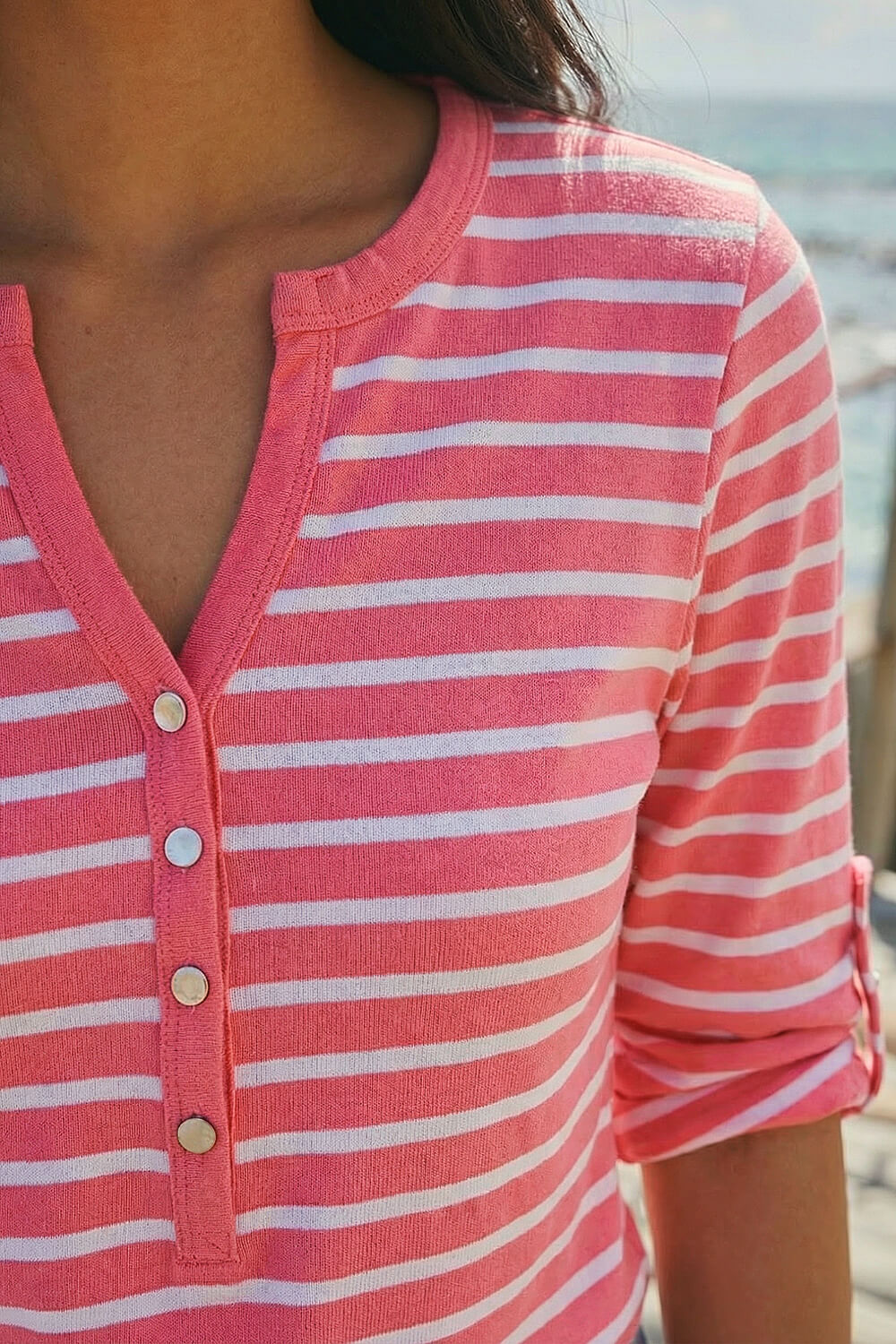 PINK Petite Stripe V-Neck Button Top, Image 5 of 4