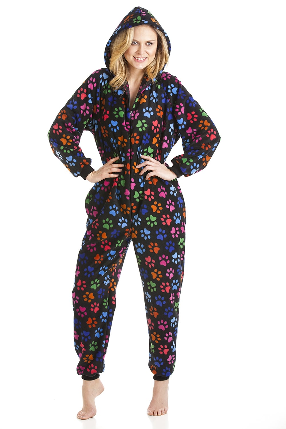 Black Camille Lingerie Black All In One Paw Print Hooded Fleece Onesie, Image 1 of 5