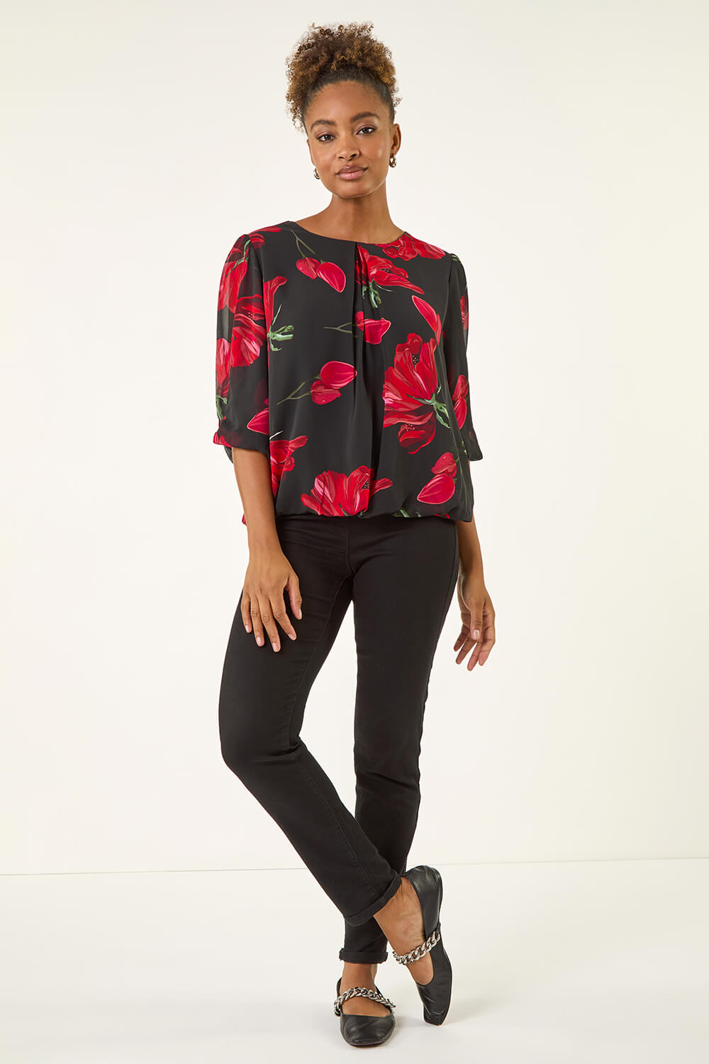 Red Floral Shoulder Bow Pleated Top, Image 1 of 5