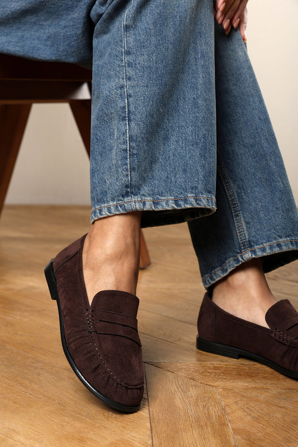 Dark Brown Charleigh Ruched Detail Flat Penny Loafers, Image 1 of 7
