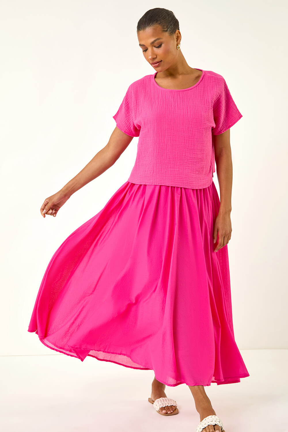 Roman Women's Fuchsia Cotton Top Overlay Midi Dress Size 14