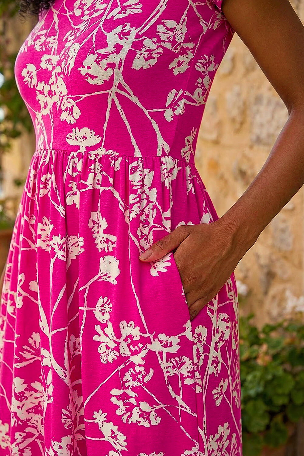 Pink Floral Print Midi Stretch Dress, Image 5 of 4