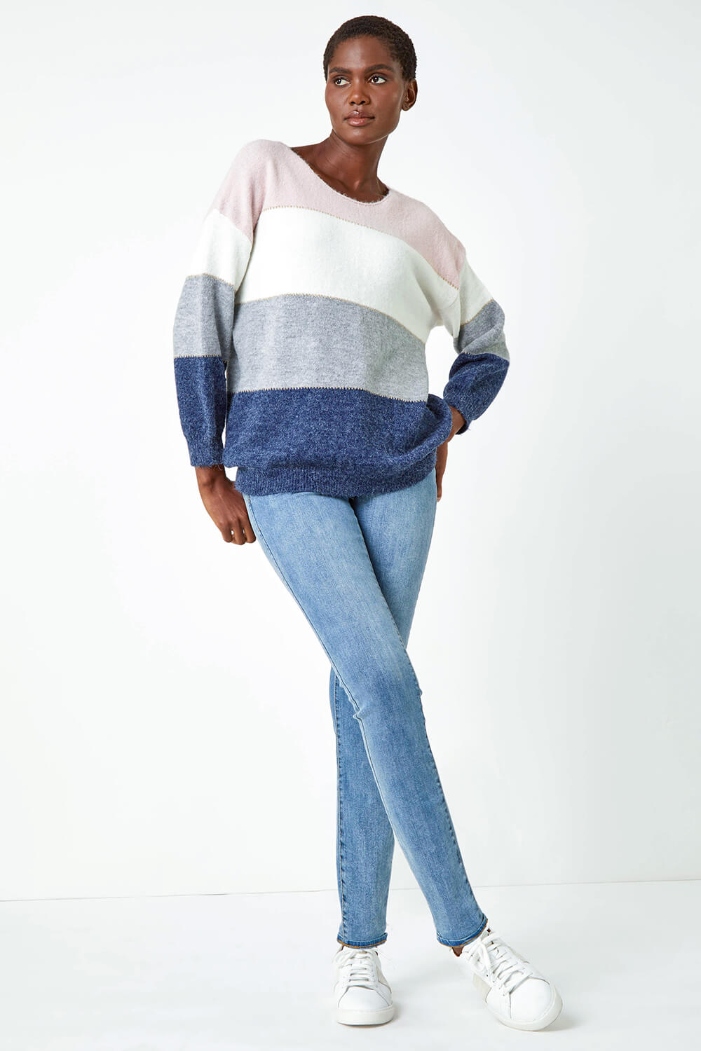 Light Pink Relaxed Colour Block Stripe Jumper, Image 3 of 5