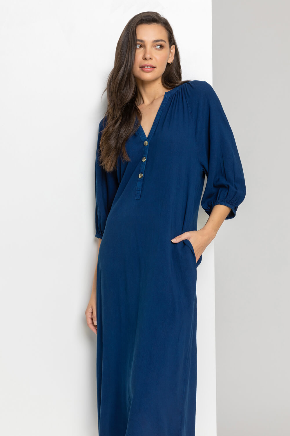 Navy Buttoned Notch Neck A-Line Dress, Image 4 of 5