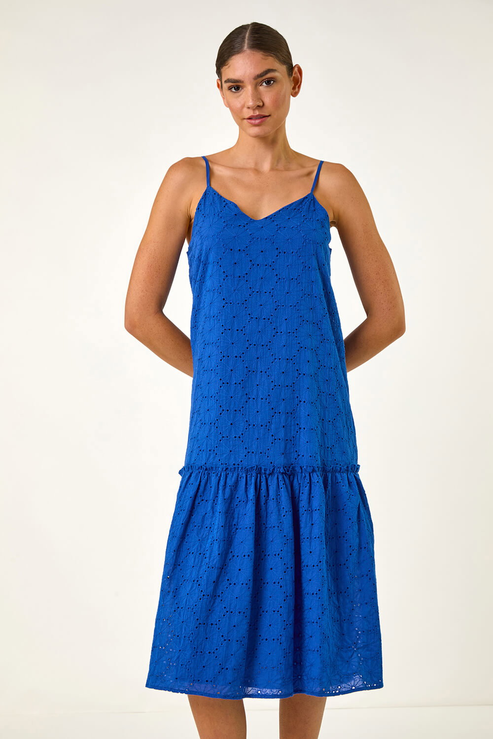 Red Broderie Anglaise Frill Sleeve Tiered Midi Smock Dress
