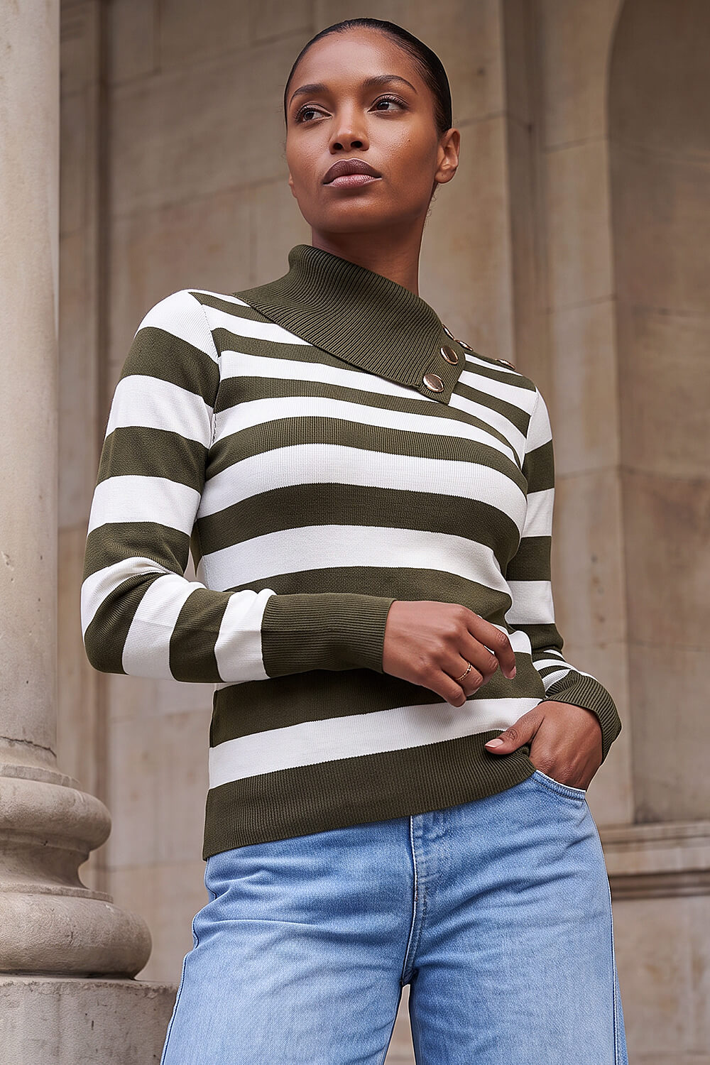 Roman  Khaki Button Stripe Knit Jumper Size 18