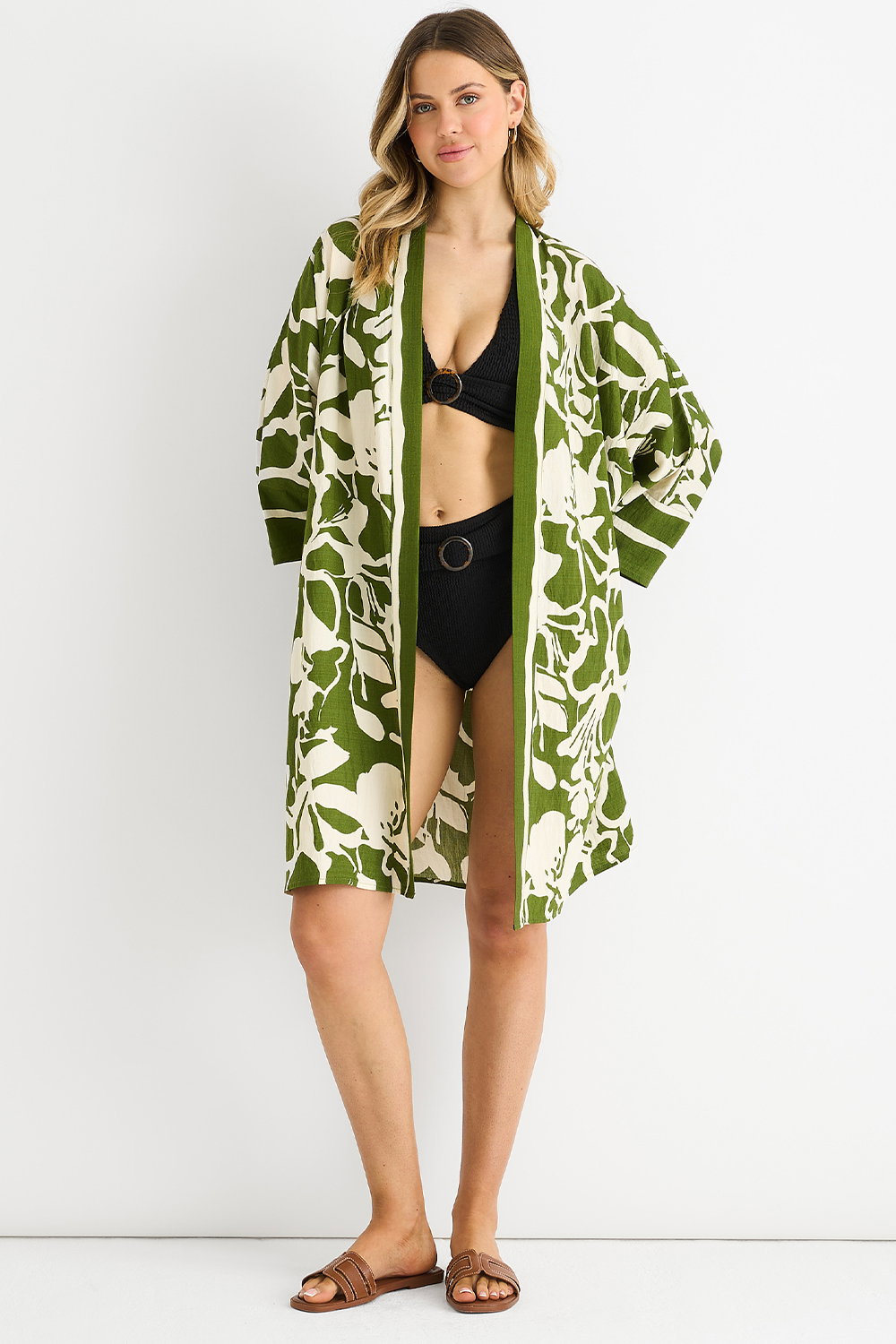 Green Green Summer Border Printed Beach Kimono, Image 1 of 4