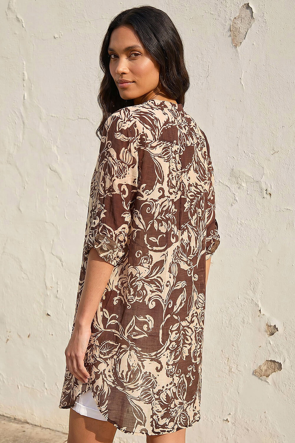Chocolate Leaf Print Longline Button Blouse , Image 4 of 4