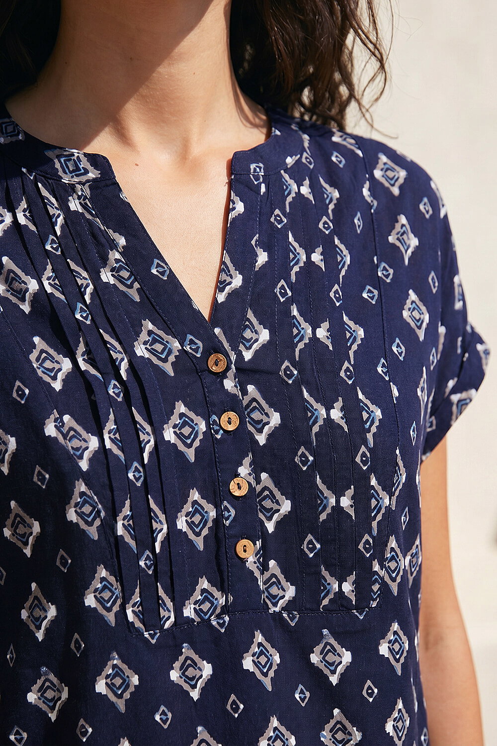 Navy Aztec Print Button V-Neck Detail Top, Image 5 of 4