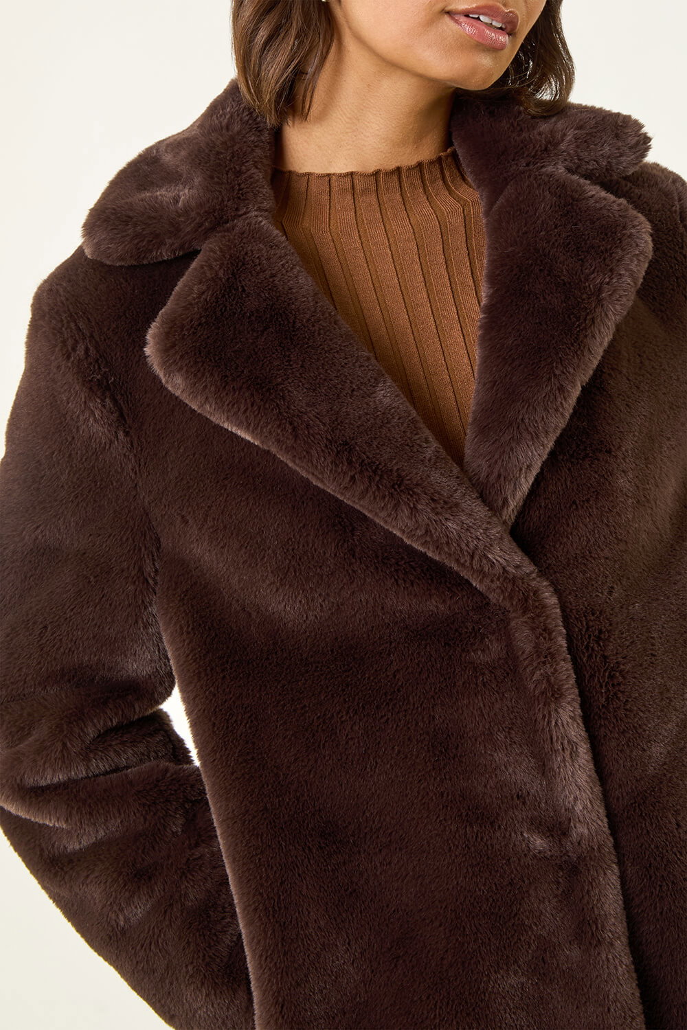 Chocolate Faux Fur Longline Coat, Image 6 of 6