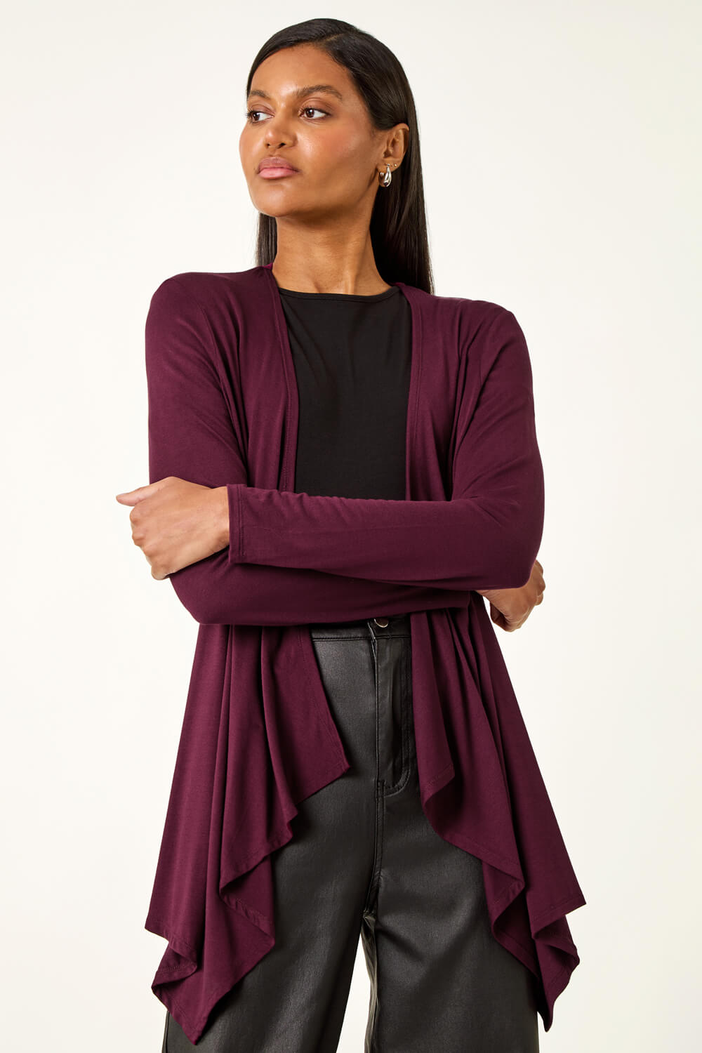 Burgundy Waterfall Stretch Cardigan, Image 5 of 5