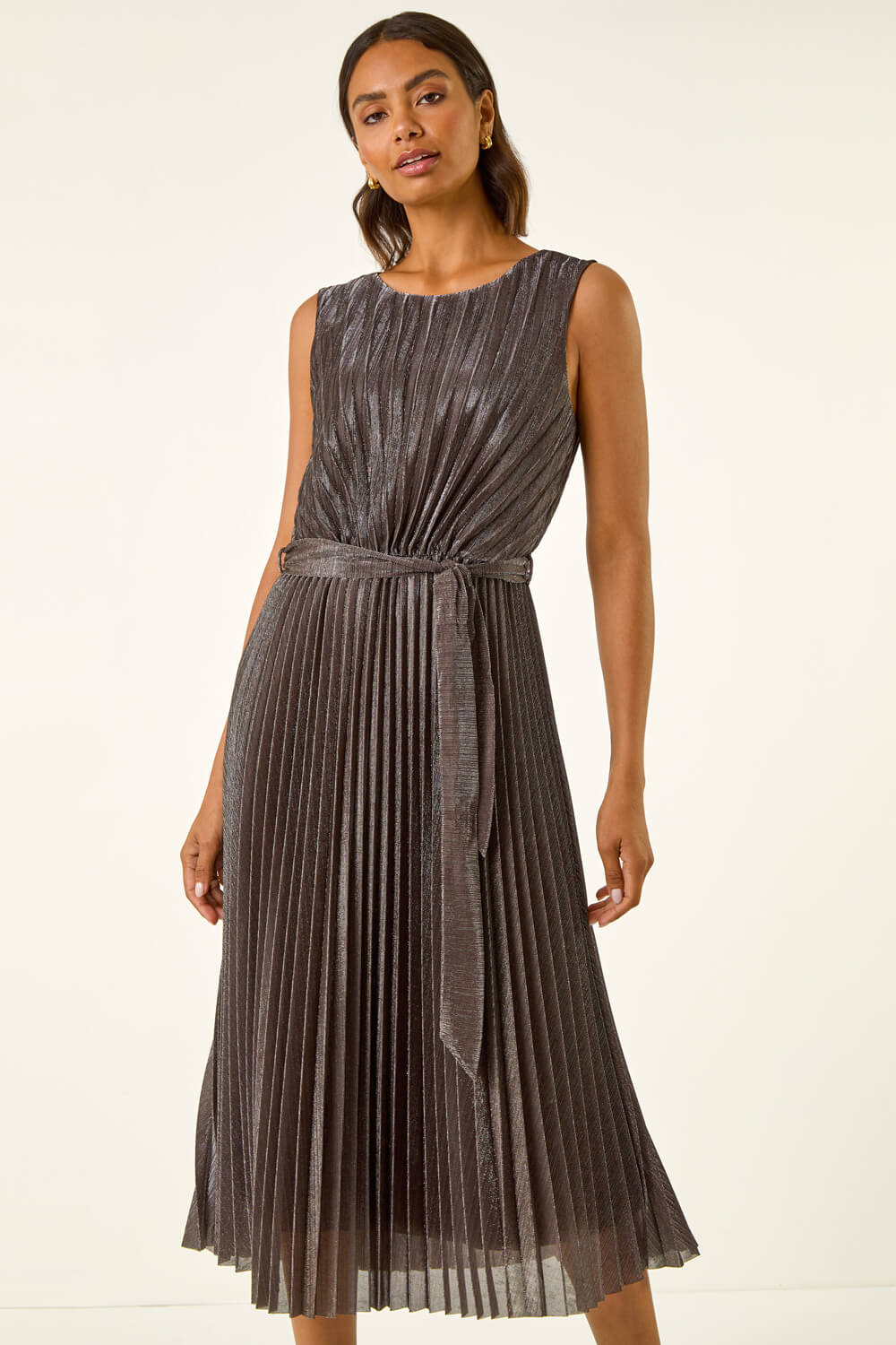 Chocolate Metallic Pleated Midi Dress, Image 4 of 6