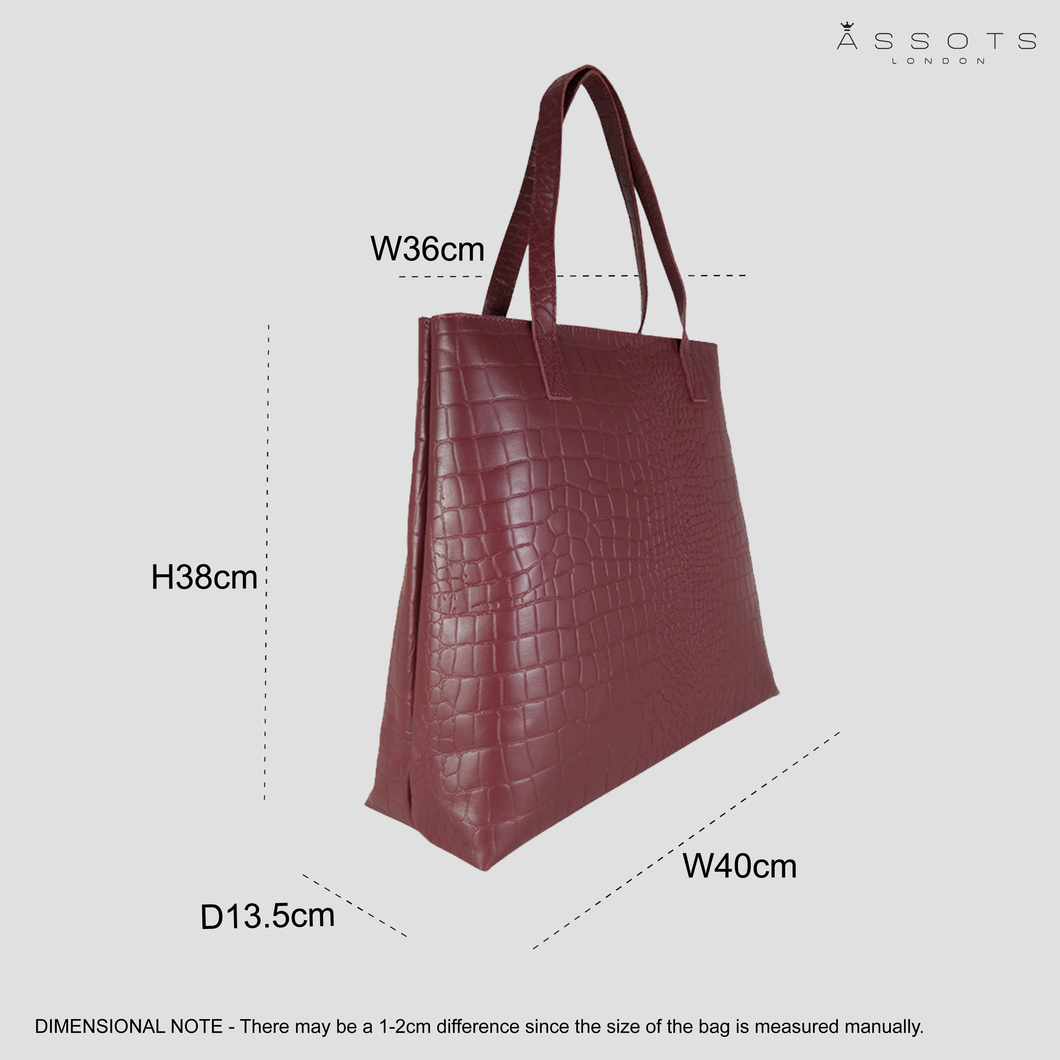 Burgundy Assots London Burgundy 'FREYA' Semi Structured Unlined Embossed Croc Leather Tote Bag, Image 2 of 2