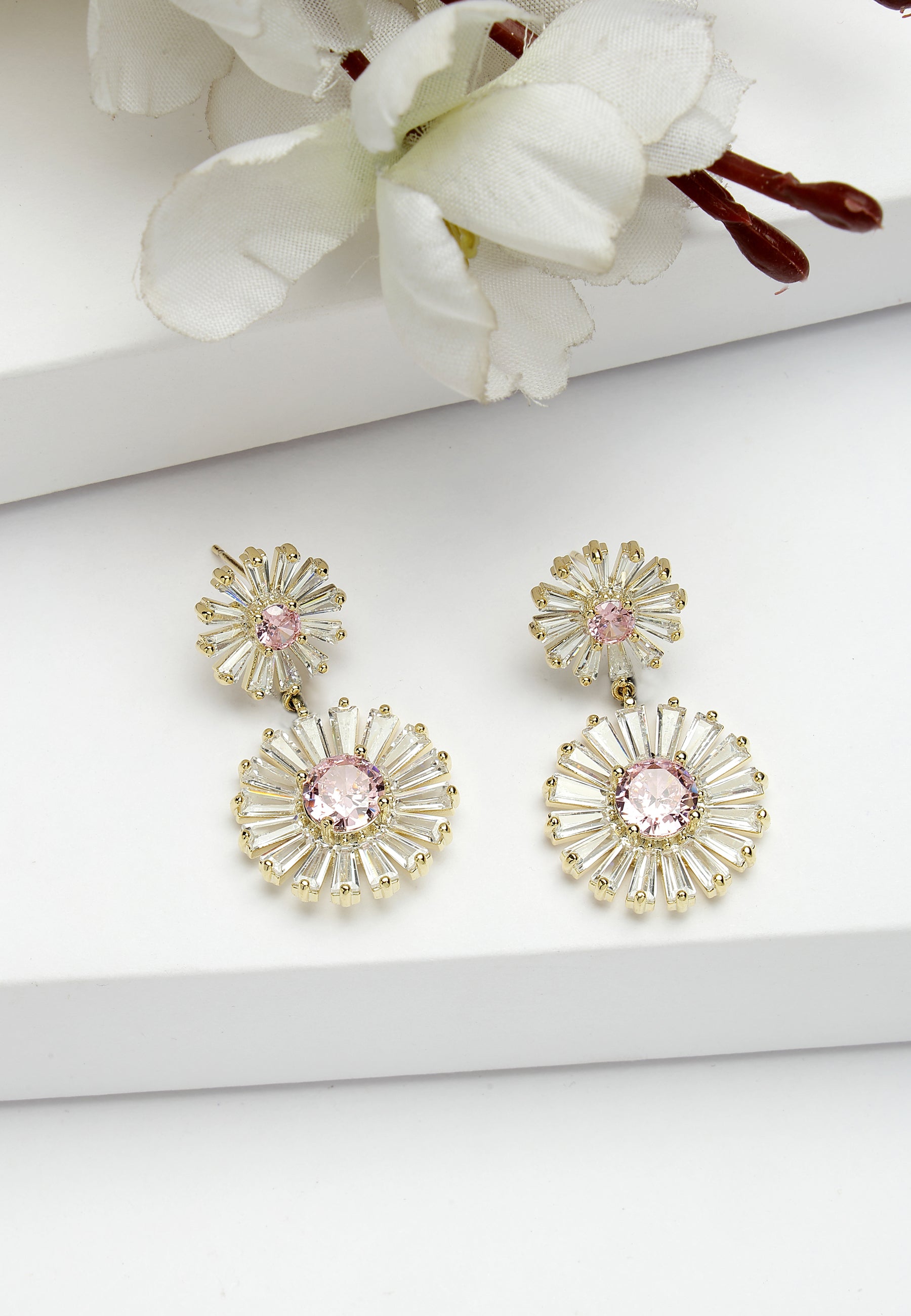 Gold Diva Collection Double Daisy Drop Earrings, Image 2 of 5