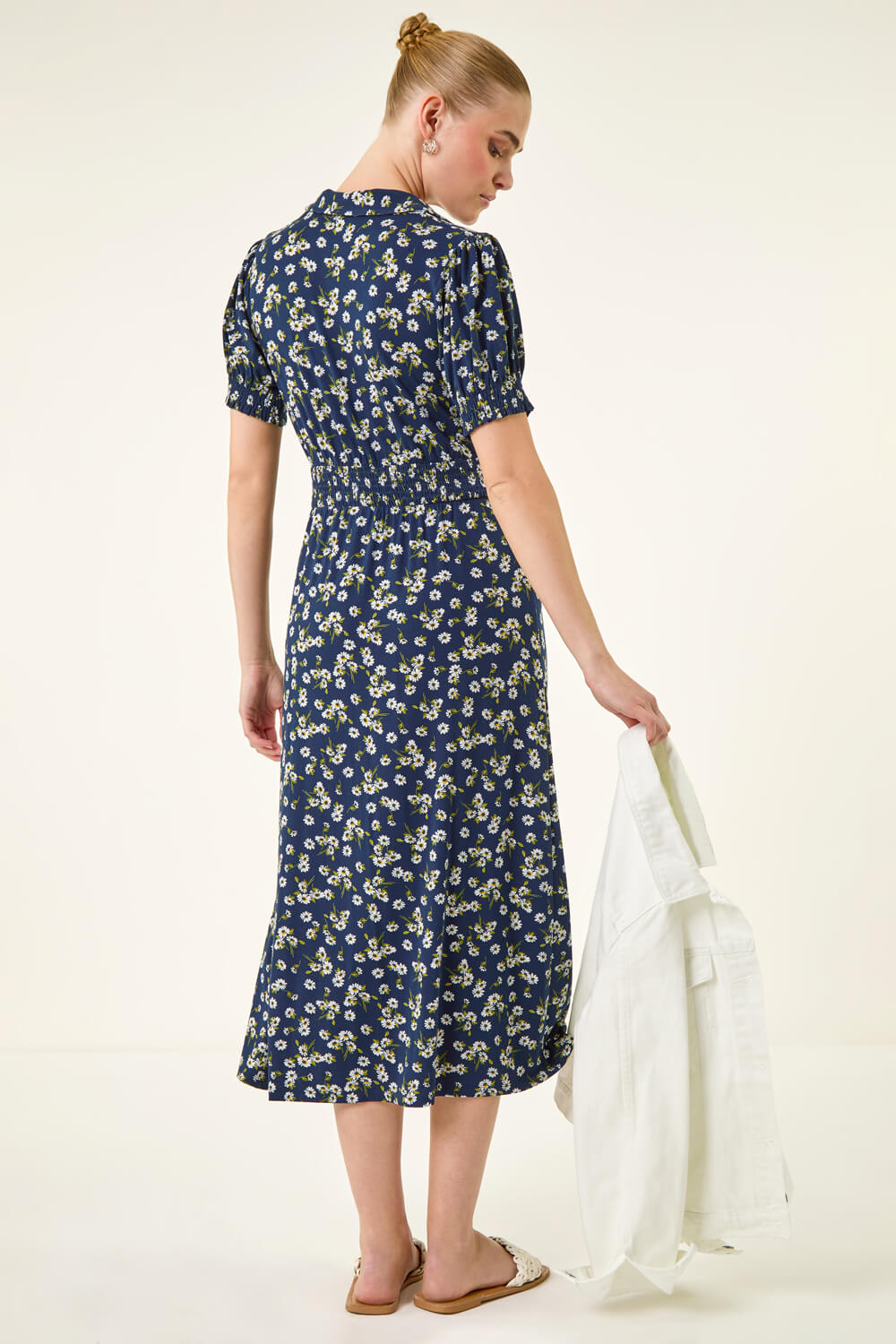 Navy  Ditsy Print V-Neck Midi Dress, Image 5 of 6