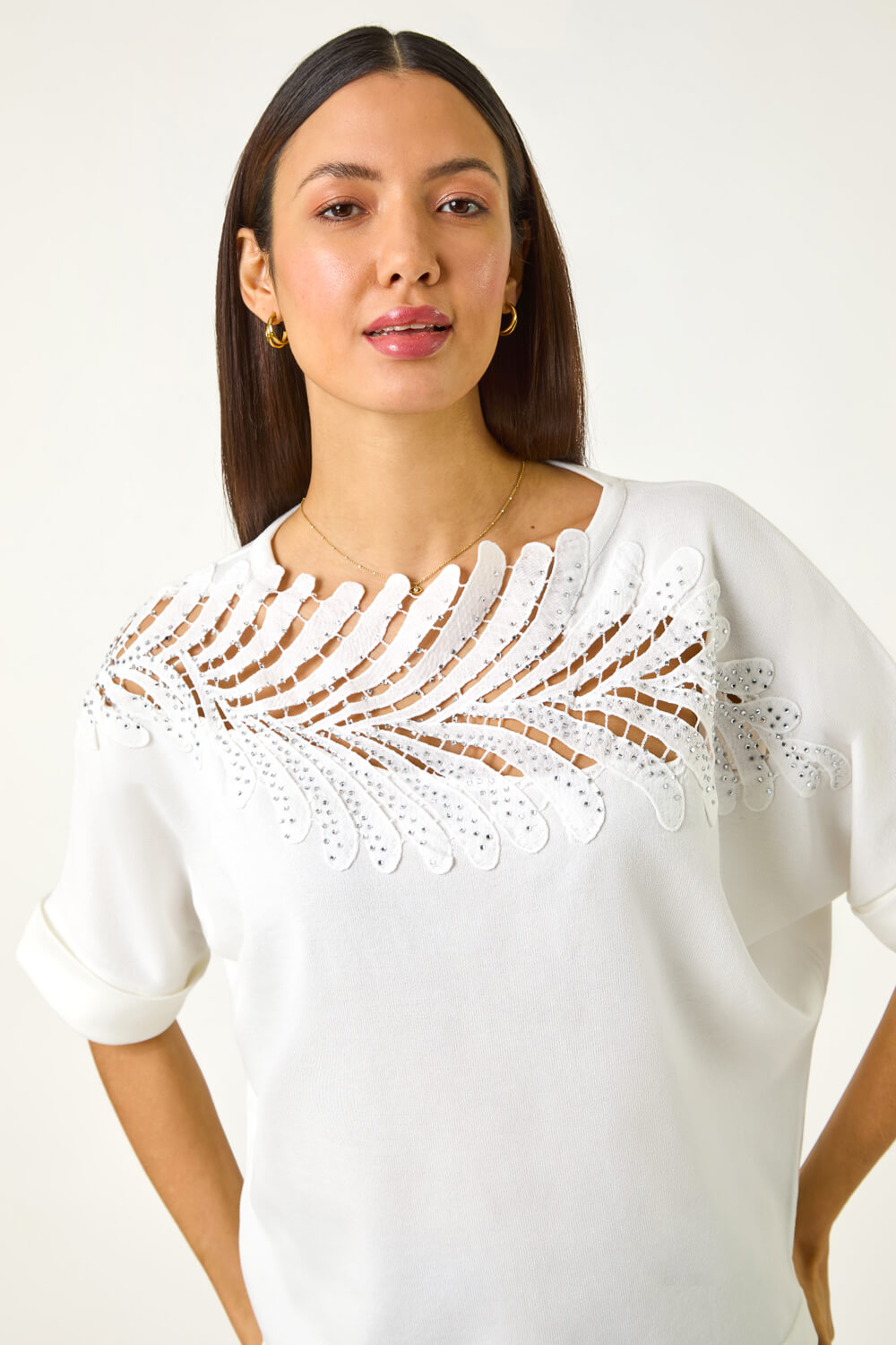 Ivory Embellished Short Sleeve Knit Top, Image 5 of 5