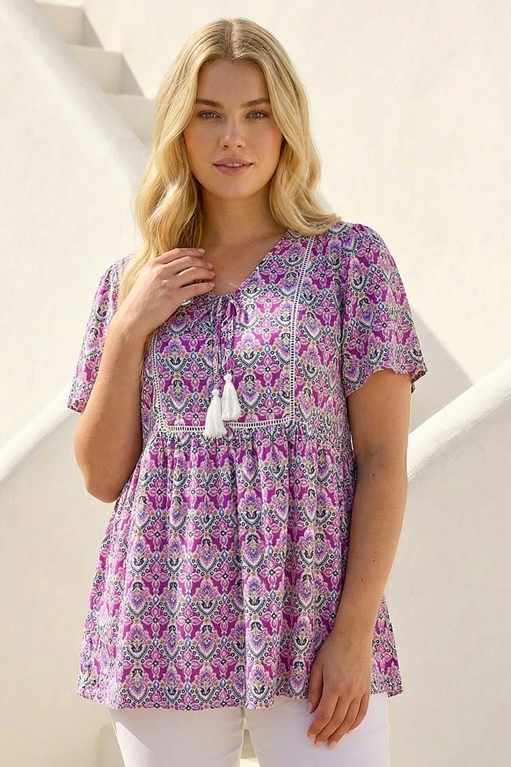 Purple Curve Tie Front V-Neck Boho Printed Top, Image 3 of 4