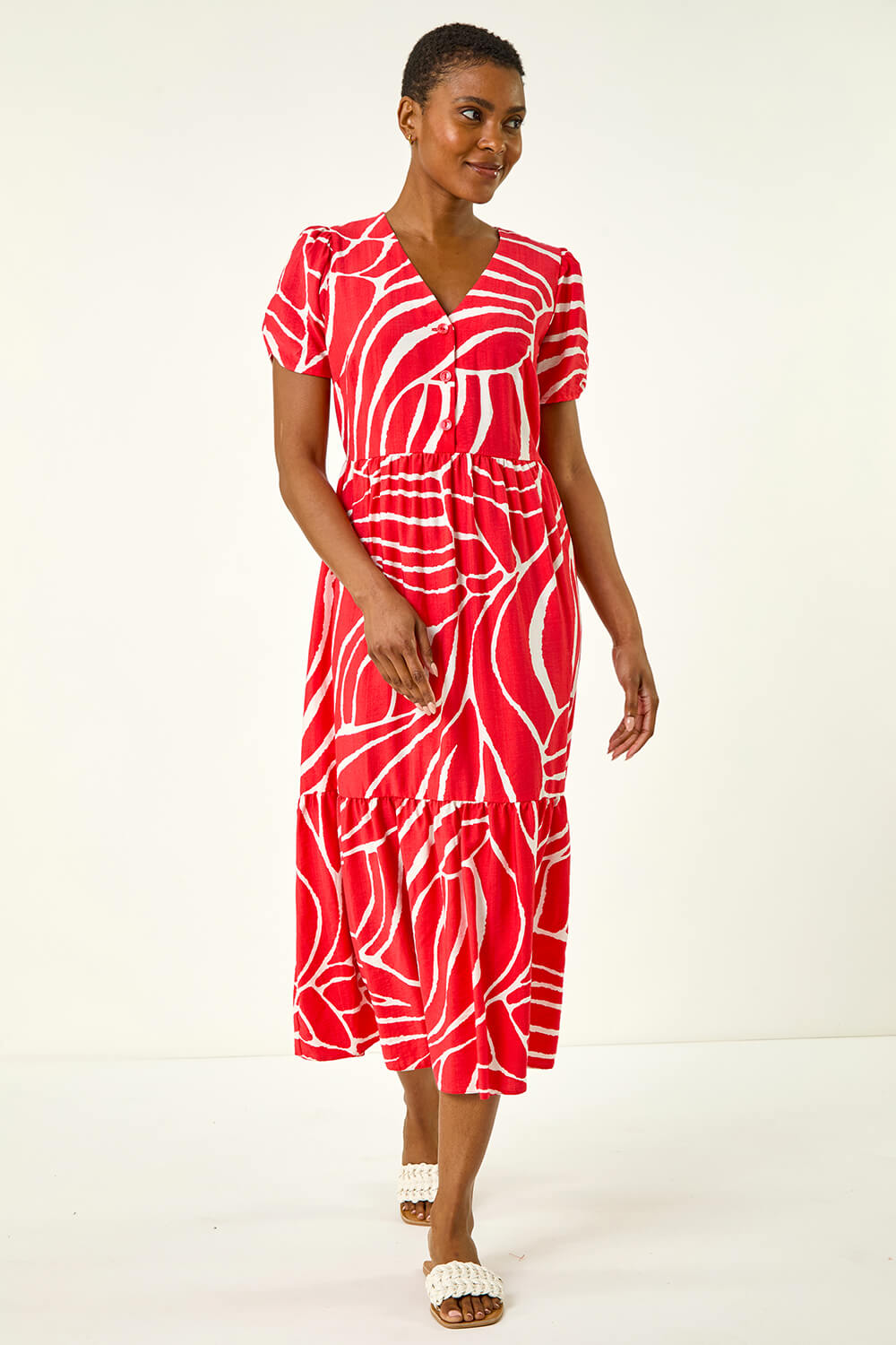 Red Linear Print Midi Shirt Dress, Image 3 of 5